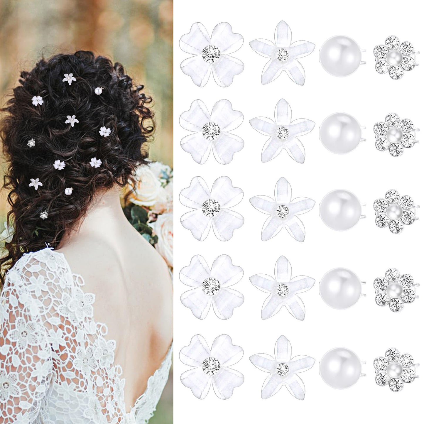 Yuanchu Small White Floral Hair Clip, 20pcs 4 Styles Acrylic Flowers Hair Accessories Small Size Acrylic Hairpin Pearl Hairpin Performance Headwear Wedding Tiara Bridal Decoration Halloween
