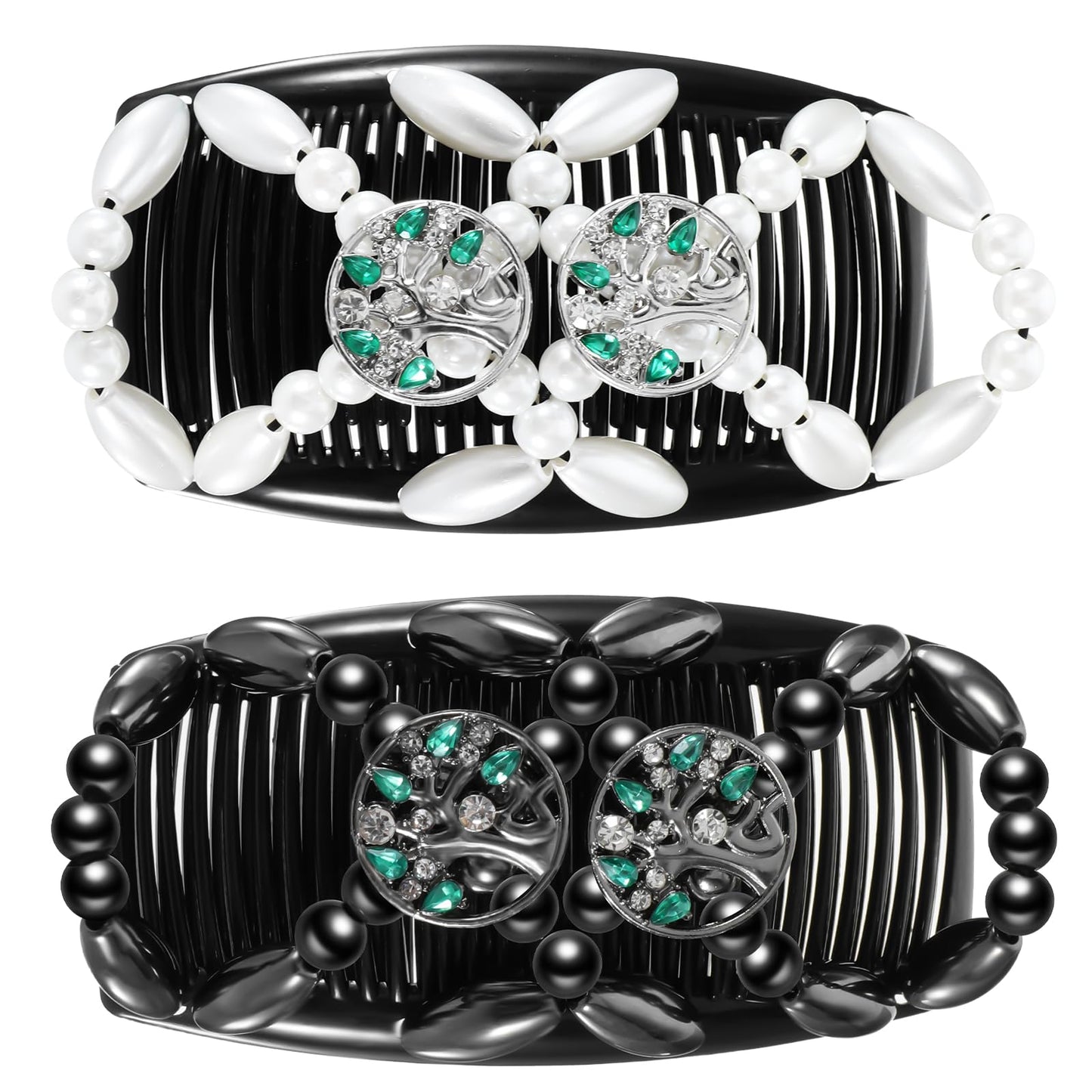 JIEYAO 2 Pcs Double Hair Comb Clips, Stretchy Magic Hair Combs, Elastic Wood Beaded Hair Bun Fashionable Stretchy Hair Clip for Women Girls Hair Accessories DIY Hairstyle Curly Thick Wavy Hair