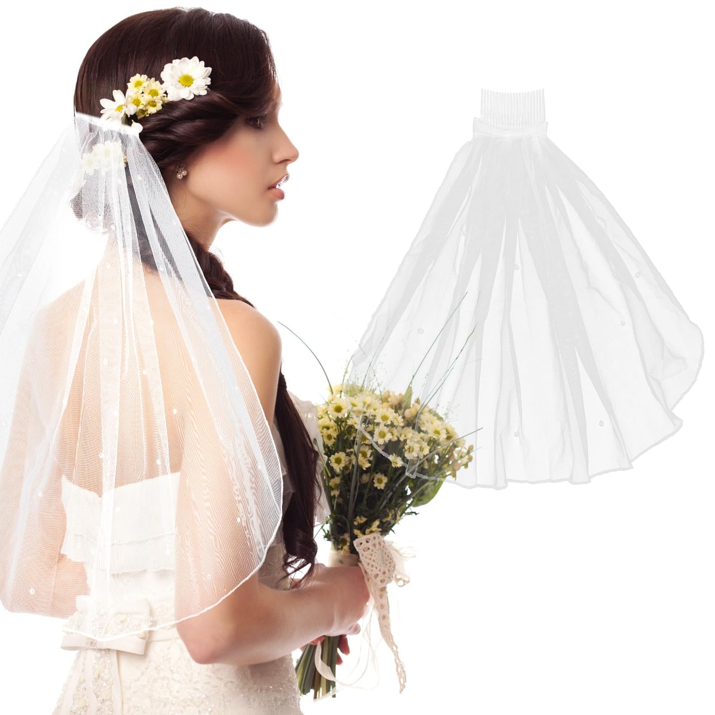 Amaxiu Short Bridal Wedding Veils, Comb Bridal Cathedral Veil, 1 Tier Tulle Wedding Headpiece, First Communion Veils, Flower Girl Veil, Headband Accessories for Bachelorette Party, 15"(Pearl Style)