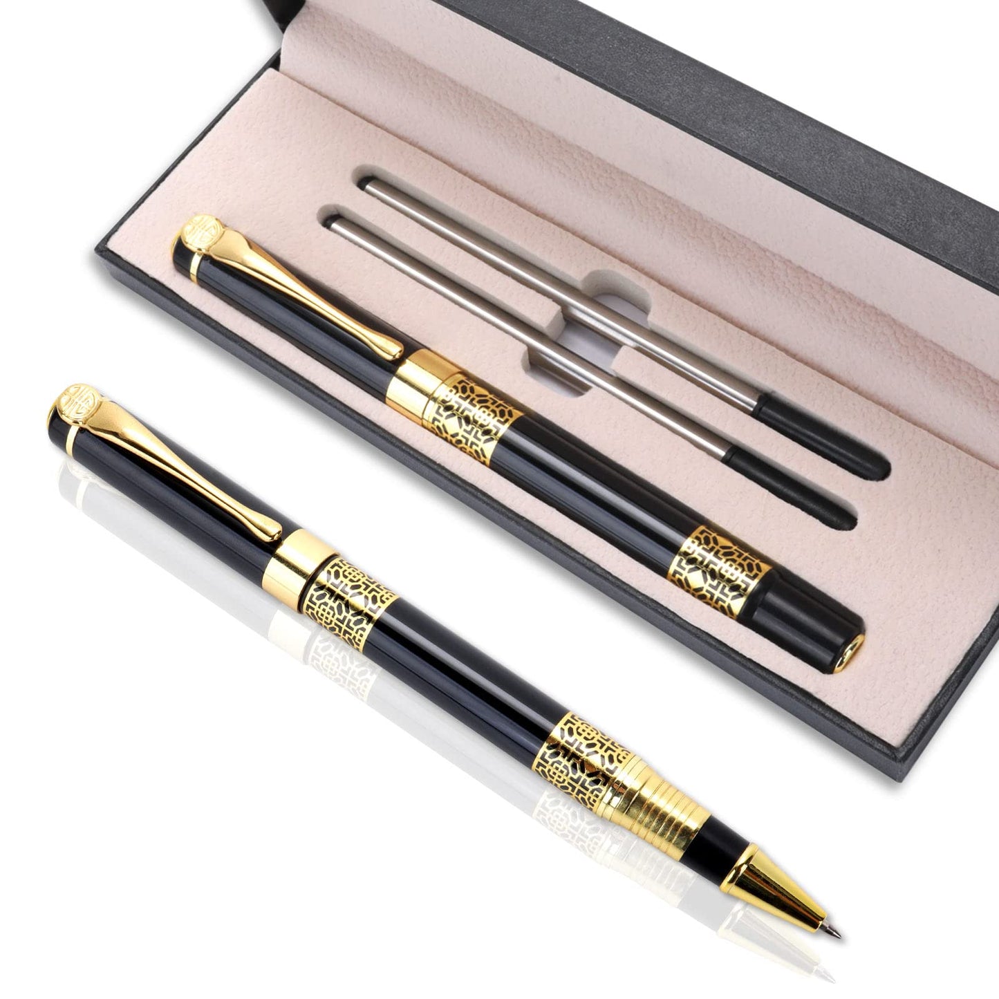 cobee Luxury Ballpoint Pen, 1.0mm Business Metal Ball Point Pen with 2 Refills Black Ink Pen Smooth Writing Rollerball Pen Fancy Ballpoint Pen Gift for Men Women Signature Executive(Black)