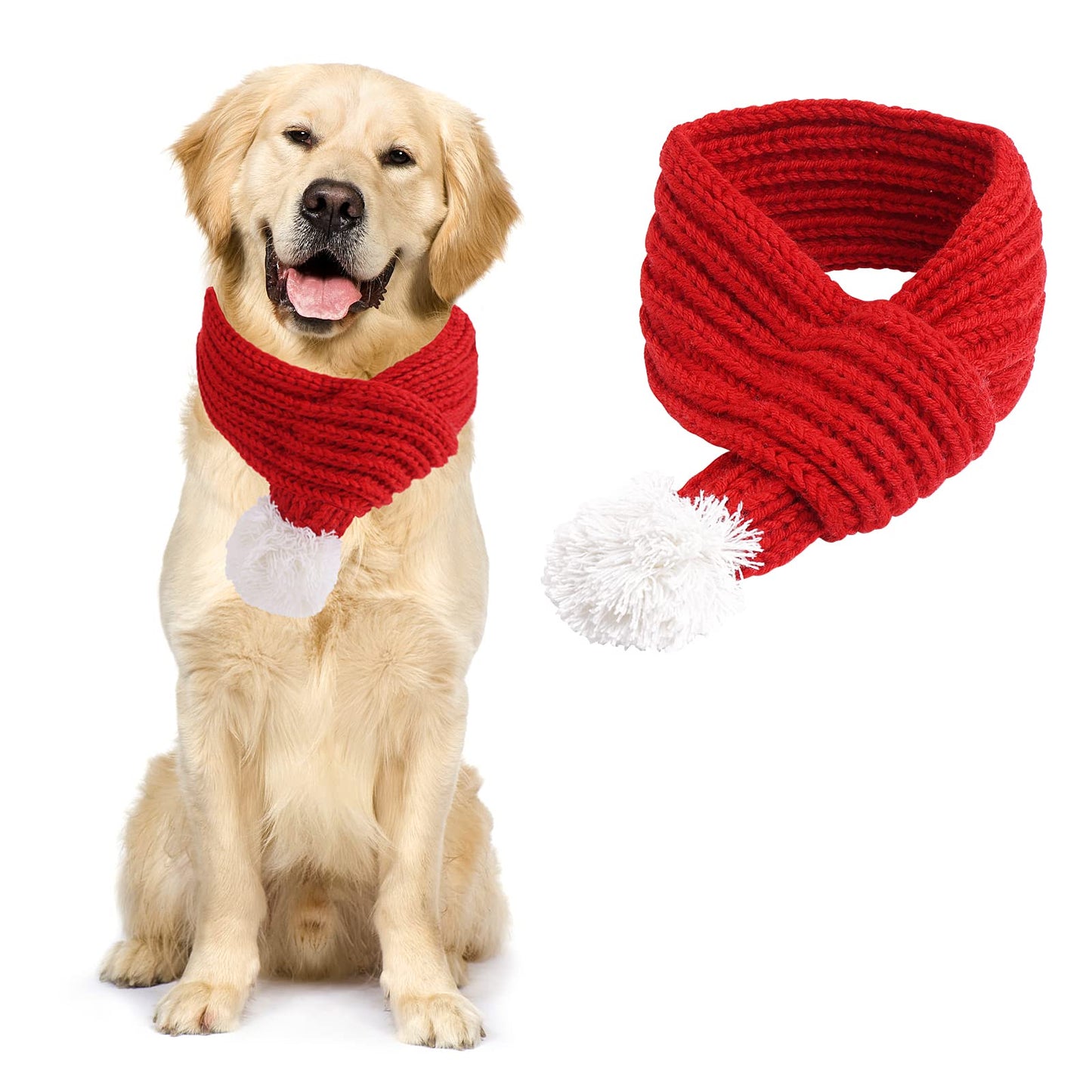 Cobee Christmas Dog Cat Santa Scarf, Dog Winter Knitted Scarf Pet Winter Neck Warmer Costume with White Pompom Ball Party Dressup Xmas Cute Decorate Gift Red (Large)