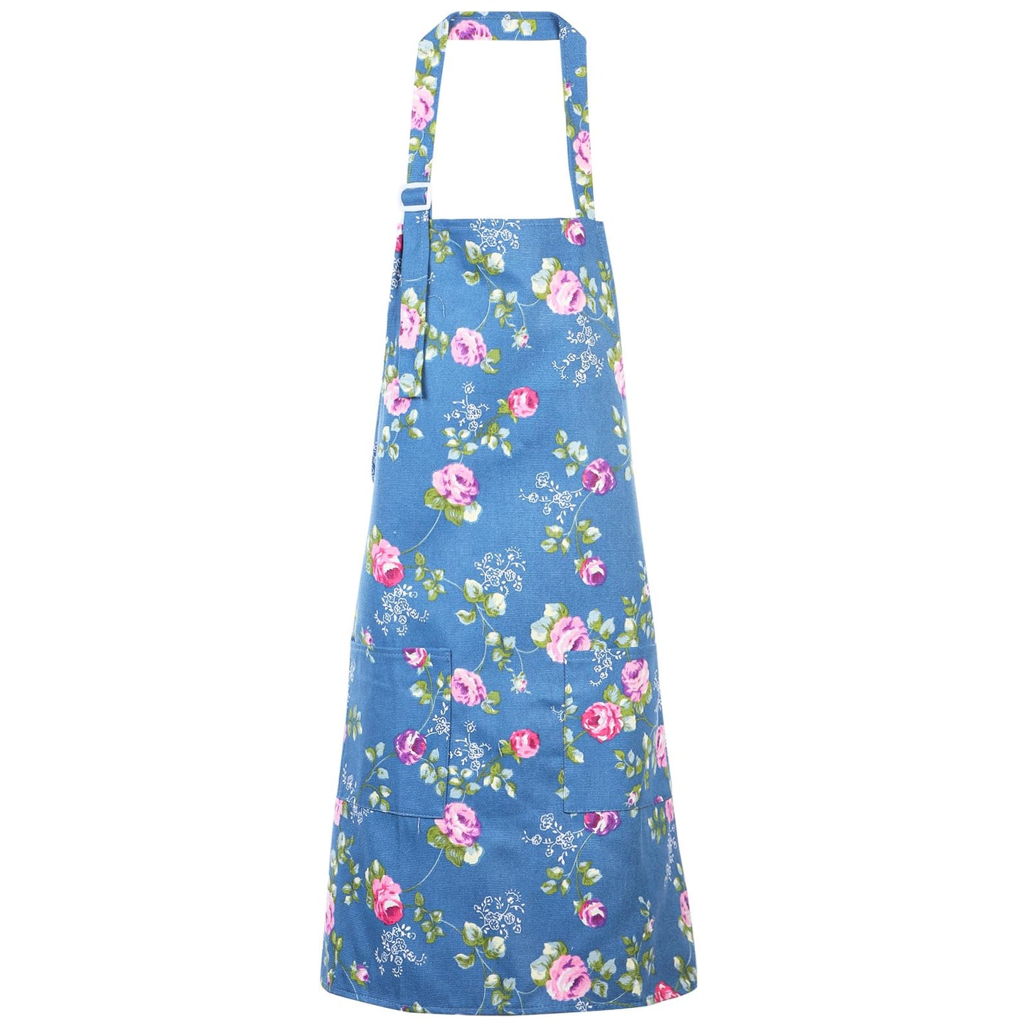 XLIUAX Floral Aprons with 2 Pockets, Adjustable Cotton Chef Apron for Women Kitchen Cooking Baking Gardening Crafts(Blue)