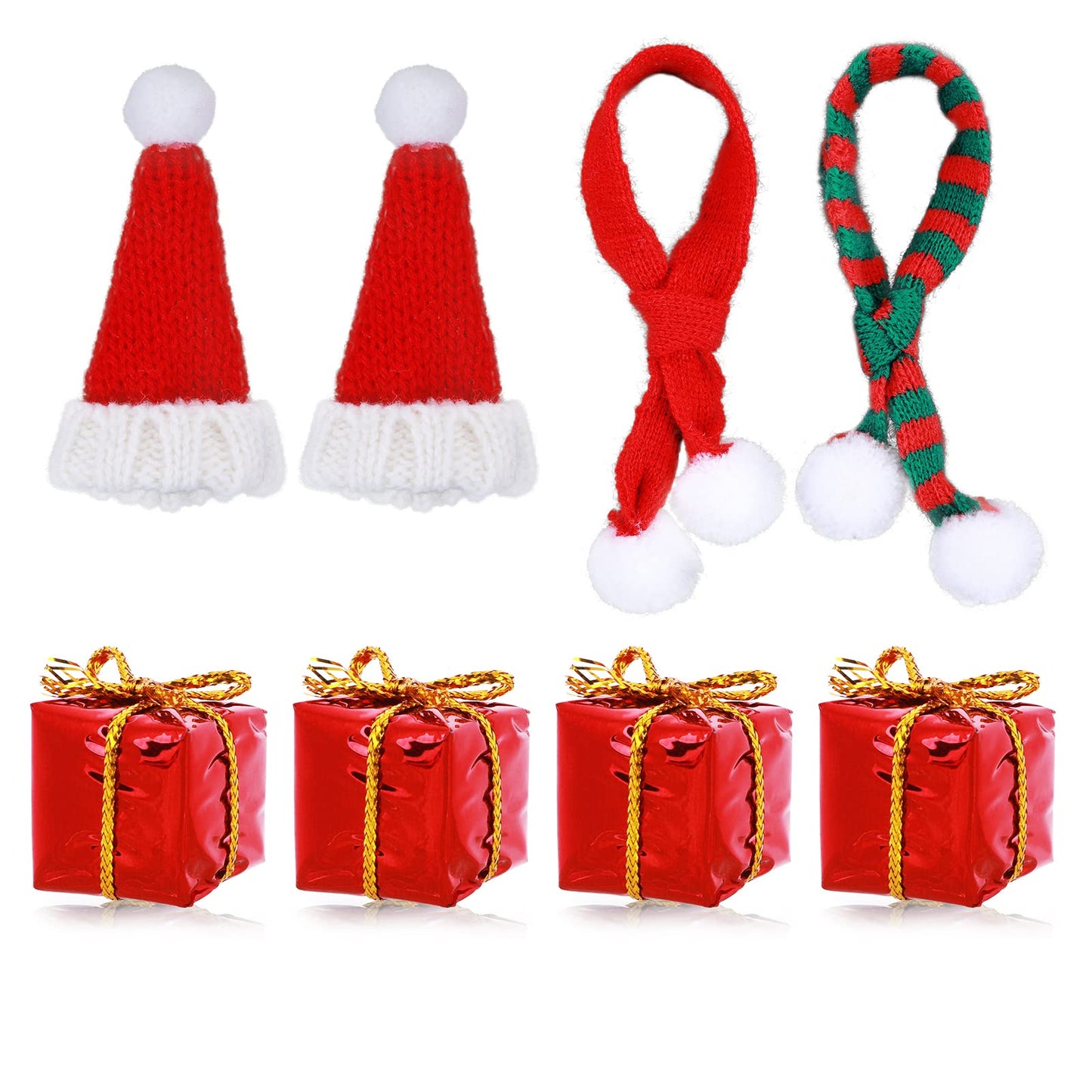cobee Christmas Doll House Decoration, 8PCS Mini Knitted Xmas Hat Scarf Gift Box Model Cute Doll Hat Scarf Clothes Accessory 1:12 Christmas Tree Decor Wine Bottle Caps Christmas Table Decoration