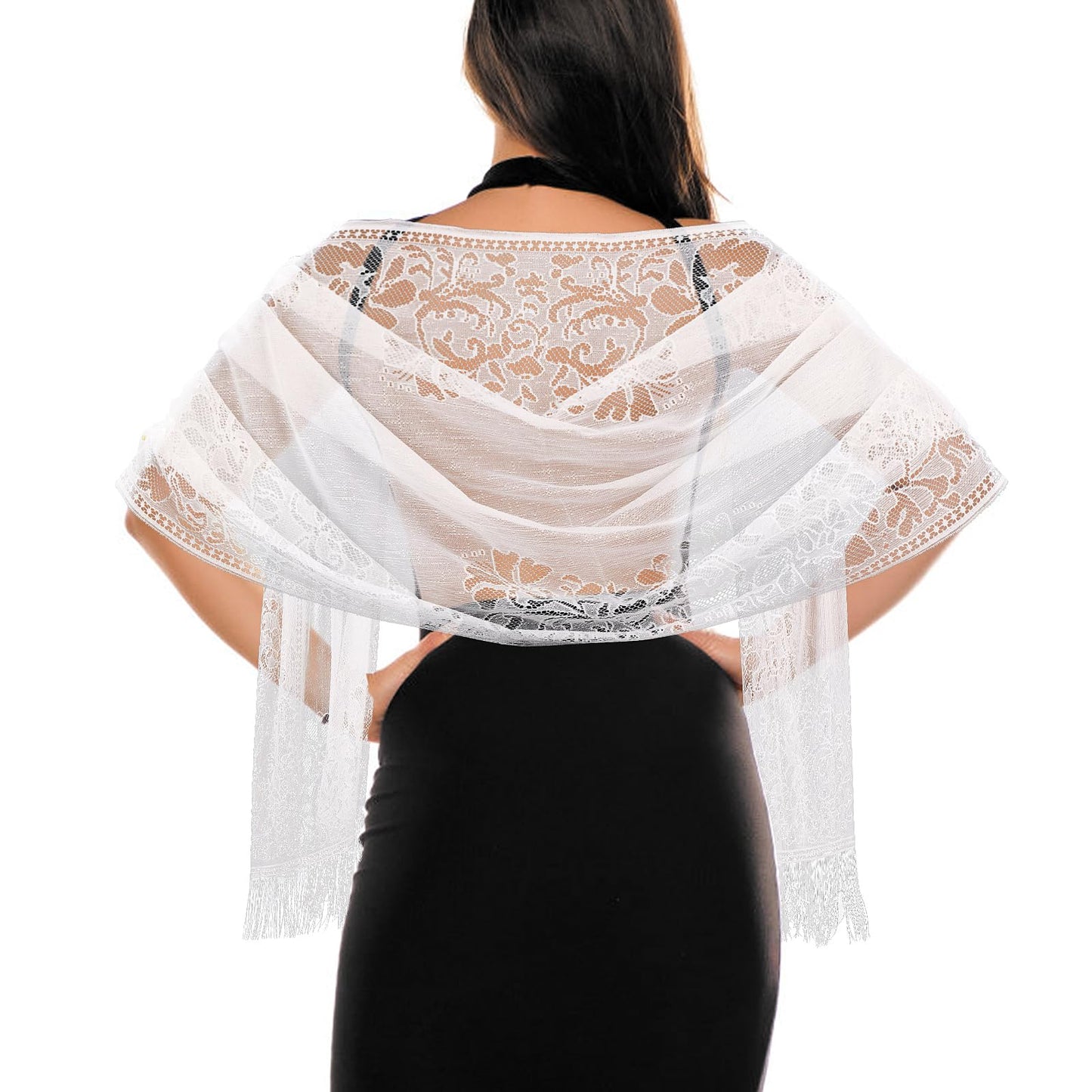 Jeffdad Women's Floral Lace Scarf Shawl wif Tassels for Women's Evening Dress Evening Party Mesh Wedding Shawls (White)