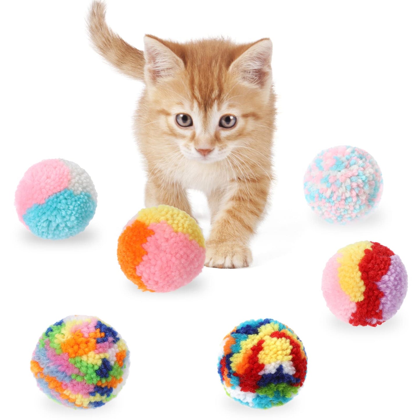 TIESOME 6 PCS Cat Toy Balls, Soft Cat Balls 2Inch Kitten Pom poms Ball Cat Play Toy Indoor Cats Interactive Pompon Ball Toy for Indoor Cat Kitty Kitten Training