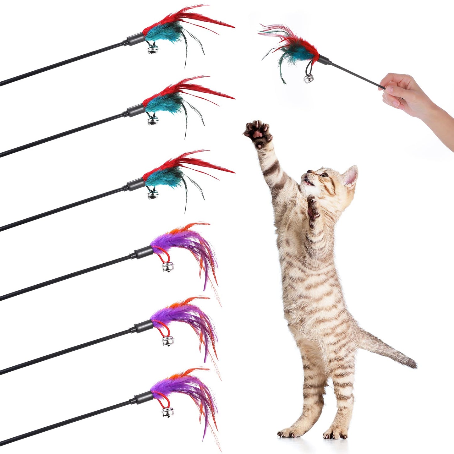 cobee Cat Wand Toy Replacement Refill Furry Feather Interactive Cat Chaser Toys Feather Toys Replacement with Bells Wand Refills Attachments for Kitten Training Exerciser Accessories(6pcs)