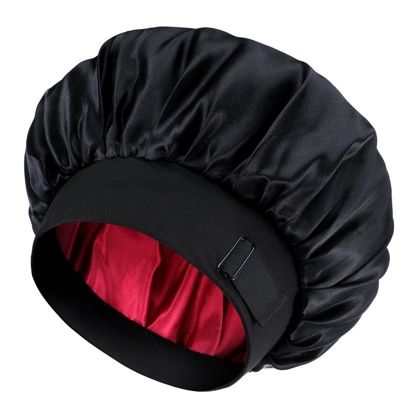 Yuanchu Satin Bonnet Adjustable Sleep Cap, Night Hair Care Protection Head Cap, Women's Men's Hair Cap, Sleeping Silk Sleep Cap, Curly Long Hair, Straight, Breathable (Black + Burgundy)