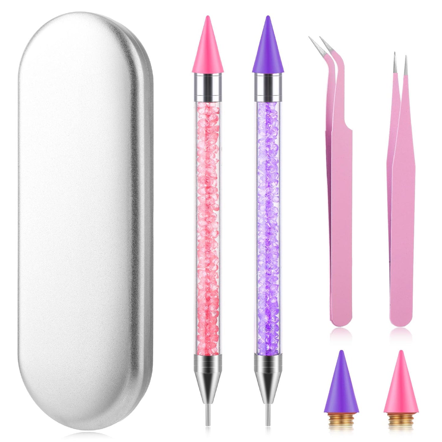 Andibro Rhinestone Picker Tool Set, Dual-end Diamond Dotting Pens Wax Pencil Acrylic Pickup Kit for Nail Gems Stones DIY Nail Art Crafts 2 Dotting Pen 2 Wax Tip 2 Nail Art Tweezer(Pink+Purple)