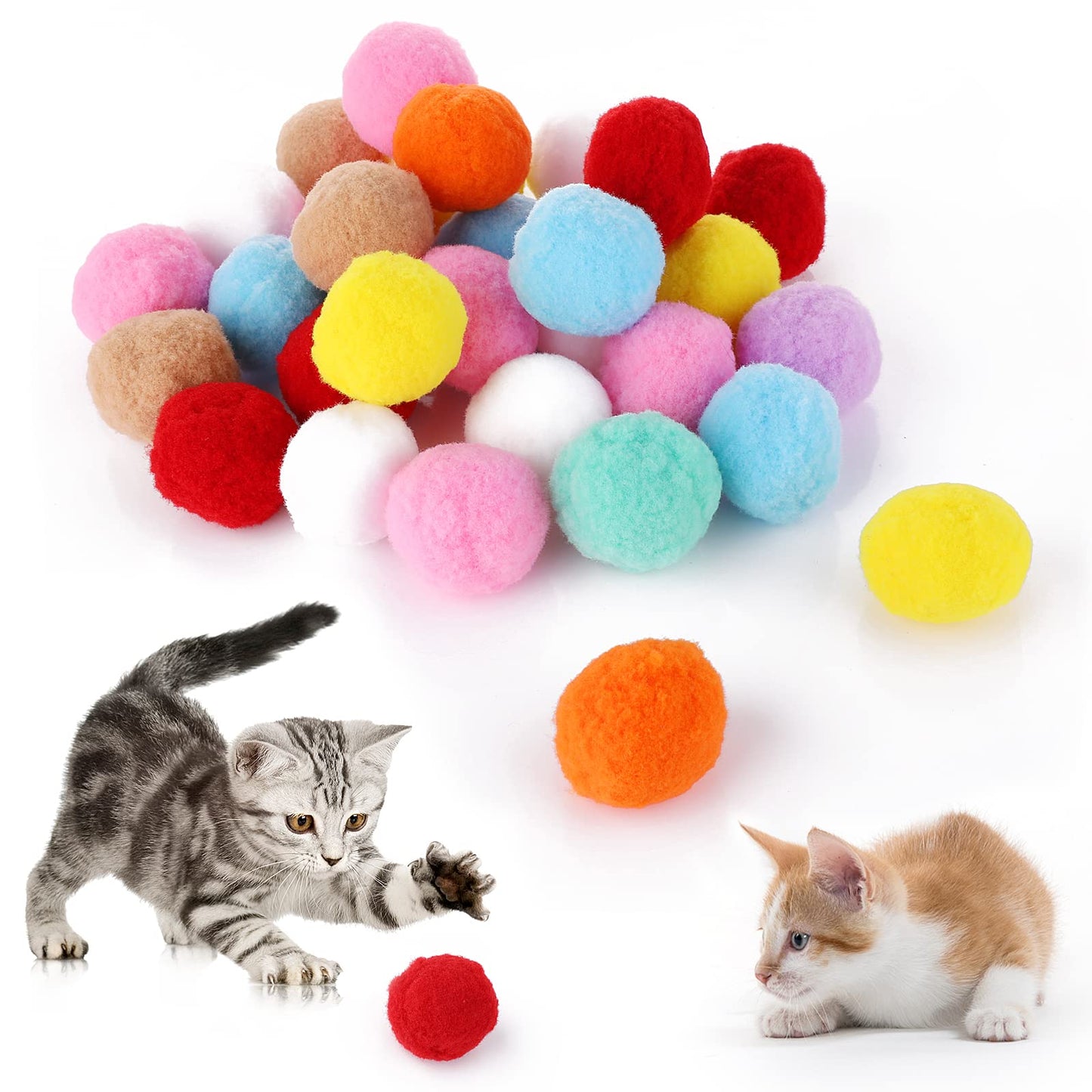 cobee Large Cat Toy Balls, 4 cm Soft Kitten Pom poms Ball Furry Cat Balls Toy Indoor Cats Interactive Ball Play Toy 30 Pieces