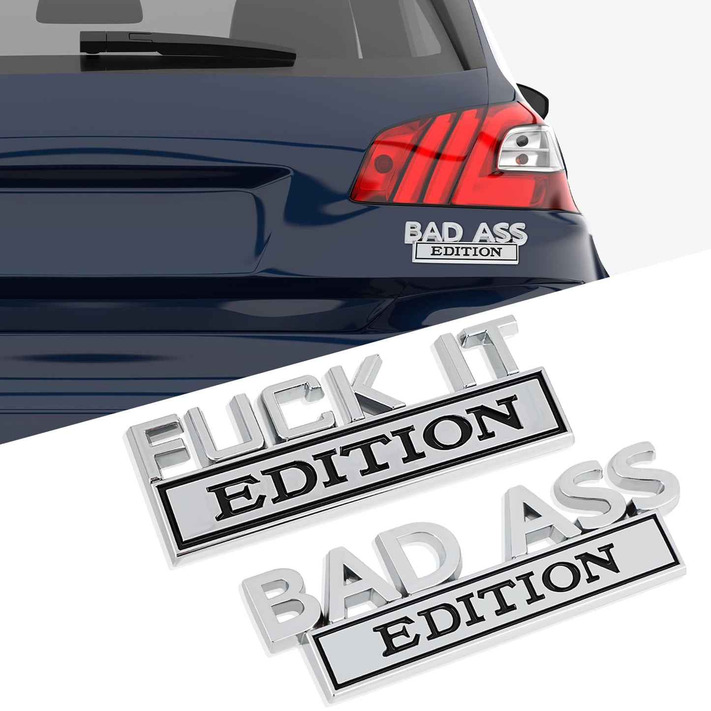 Cobee Bad Ass Edition Car Emblems, 2 Pieces 3D Auto Decals Stickers Alloy Badge Decal Replacement Auto Accessories for Grille Hood Trunk Tailgate Front Car Motorcycle SUV Decorations (Silver White)