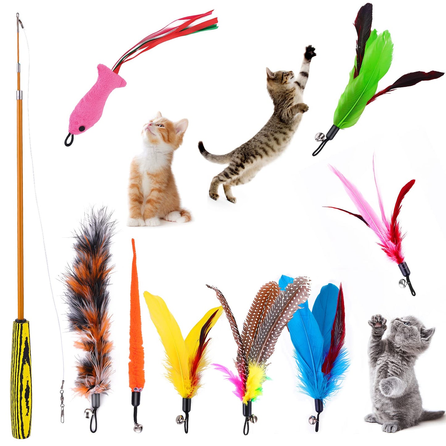cobee Cat Feather Toys, Interactive Cat Toy Set, Retractable Cat Teaser Wands, Fish Tassel Toy for Cats Kittens, Hooks with Colourful Feathers Refills for Pets Cats Play, Exercise, Activity & Fun