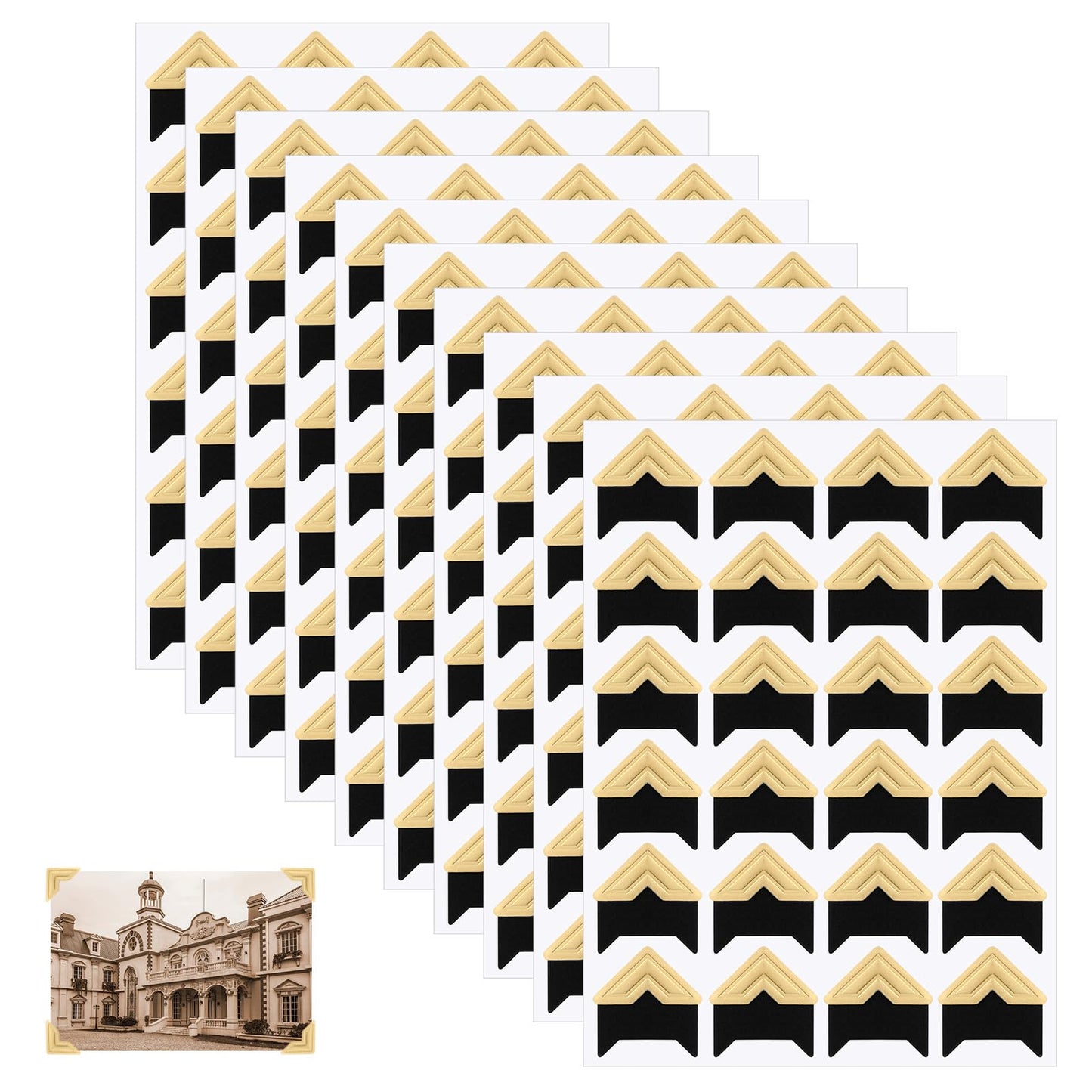 GEEHUA 10 Sheets 240 Pieces Photo Corners for Scrapbooking, Self Adhesive Photo Mounting Corners Black Gold Photo Corner Stickers for DIY Scrapbook Photo Album Journal