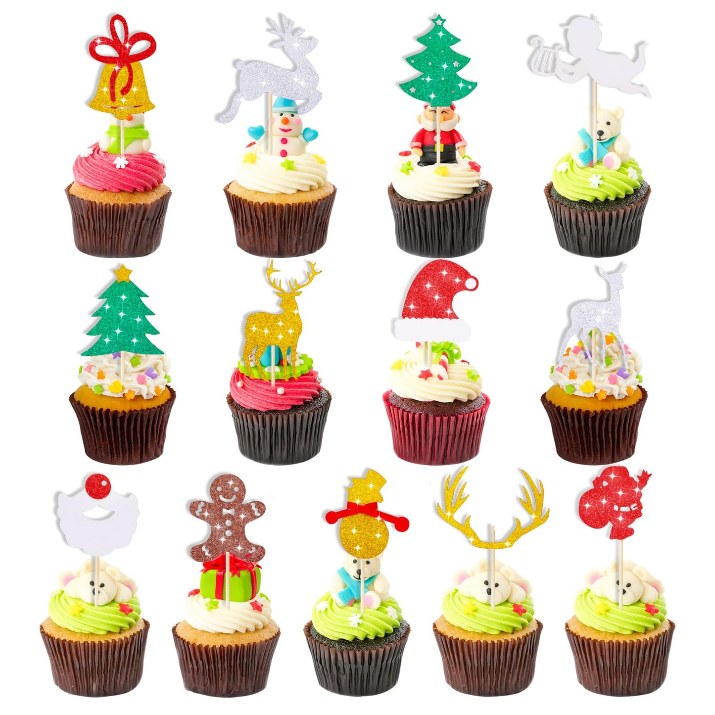 Cobee Glitter Christmas Cupcake Toppers, 28 Pieces Xmas Cupcake Decorations Food Fruit Picks Merry Christmas Holiday Cake Picks Christmas Party Favors Supplies(B)