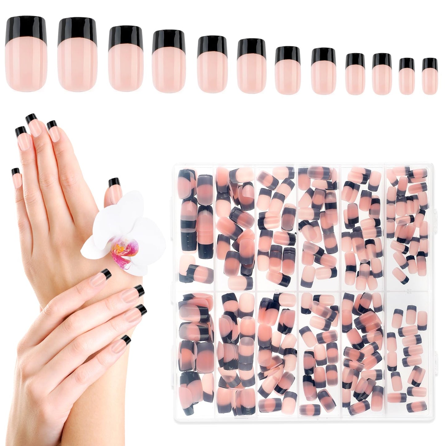 cobee 360pcs Press on Nails Square, Black French Tip False Nails Glossy Coffin Glue on Nails Ballerina Full Cover Artificial Acrylic Nails Tip for Women Girls DIY Nail Art Design, 10 Sizes(Medium)