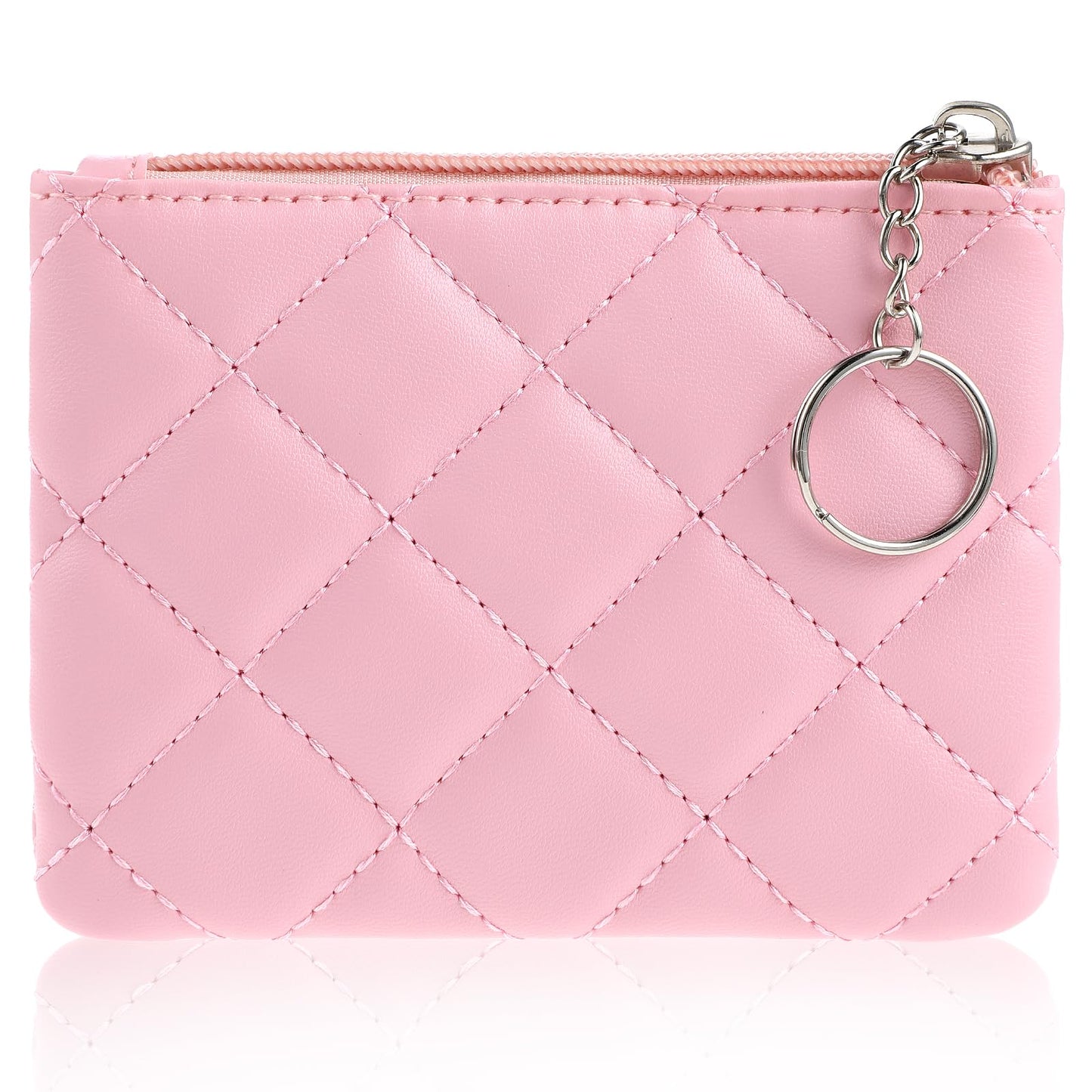 simarro Small Coin Purse for Women, Rhombus Embroidery PU Zipper Coin Purse Portable Change Wallet Short Ladies Coin Purse with Keychain Zipper Coin Pocket for Girl Women Ladies(Pink)