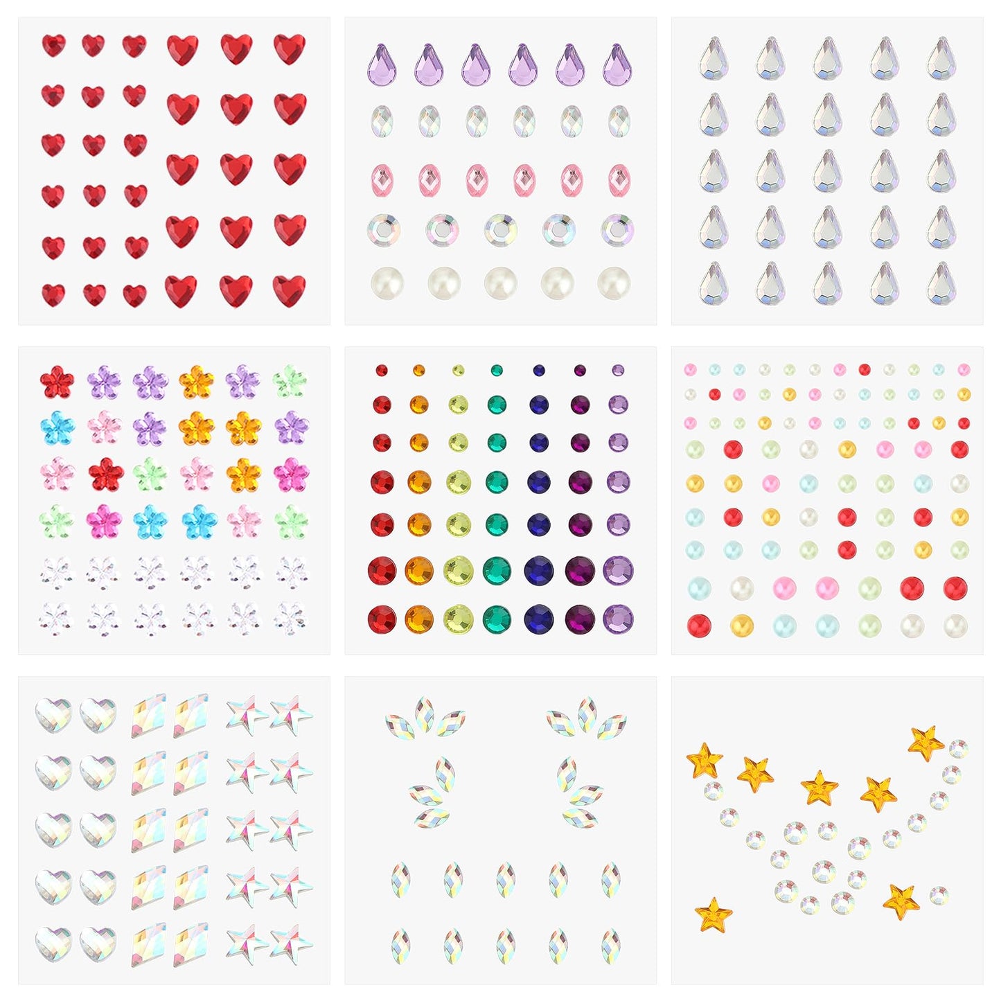 GEEHUA 9 Sheets Self Adhesive Face Gems Stickers, Face Glitter Colorful Jewels Rhinestones For Makeup Hair Gems Hearts Star Stickers For Face Eye Makeup Nail Body Crafts