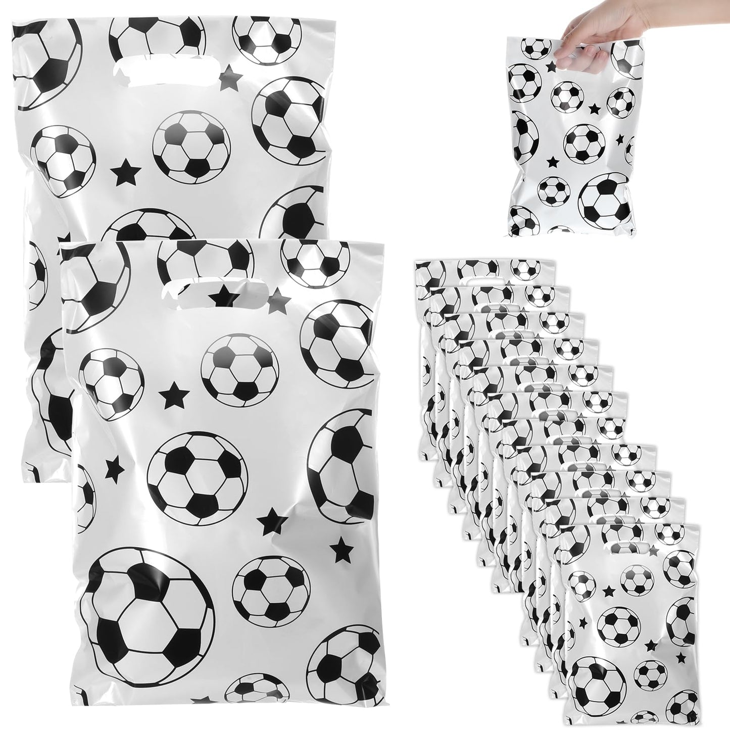 XLIUAX 50 Pcs Soccer Gift Bags, Plastic Soccer Party Favor Bags with Handle Goodie Snack Bag Football Treat Candy Bag for Team Games Sports Events Birthday Party Supplies