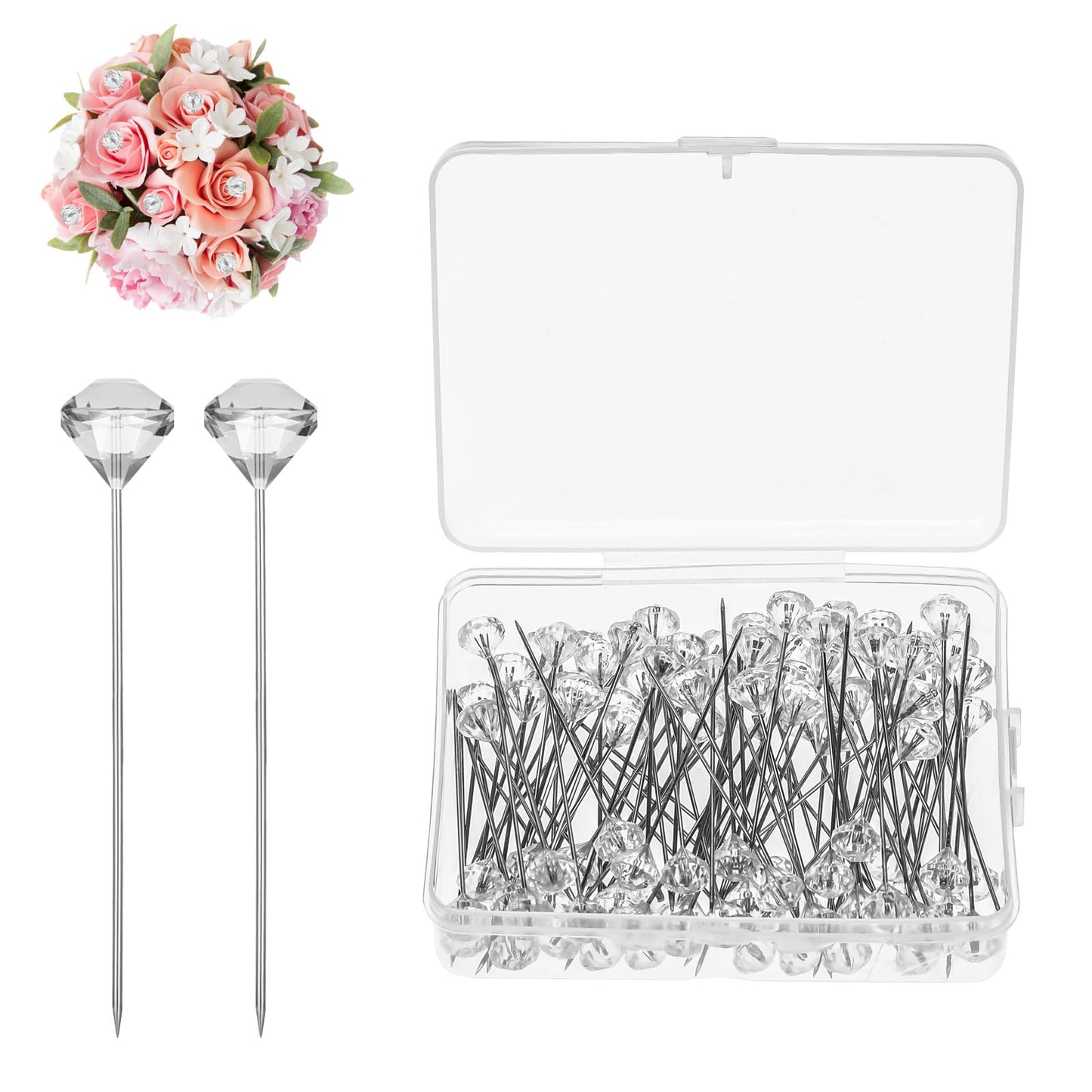 TIESOME 200 Pcs Bouquet Pins Flower Pins, 2'' Clear Corsage Pins Diamond Rhinestones Crystal Head Pins Sewing Straight Pins Scarf Pins (Transparent Pearlescent)