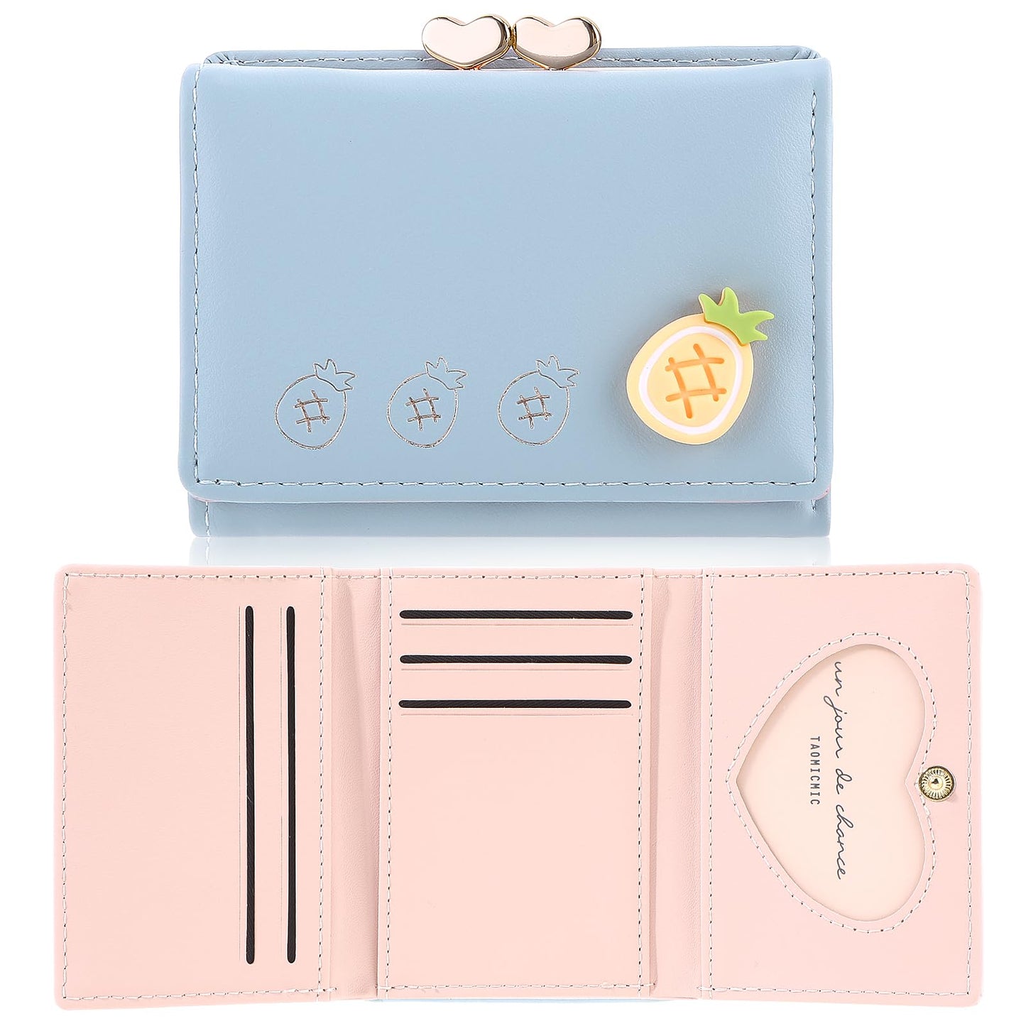 cobee Cute Leather Wallet for Women, Fruit Credit Card Holder Bag with Coin Pocket ID Window Small Trifold Wallet Snap Card Case(Blue)
