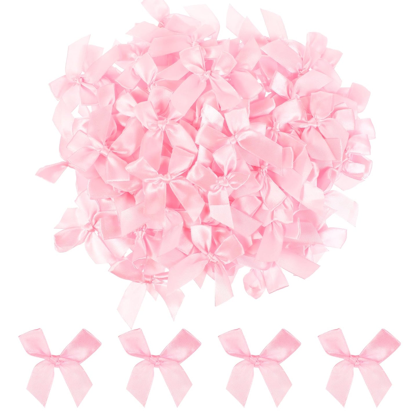 AOZUO Pack of 100 Mini Satin Ribbon Bows 7 cm Long Bows for Tying Pre-Tied Bows for DIY Premade Craft Bows for Packaging Gift Bags Decorations (Pink)