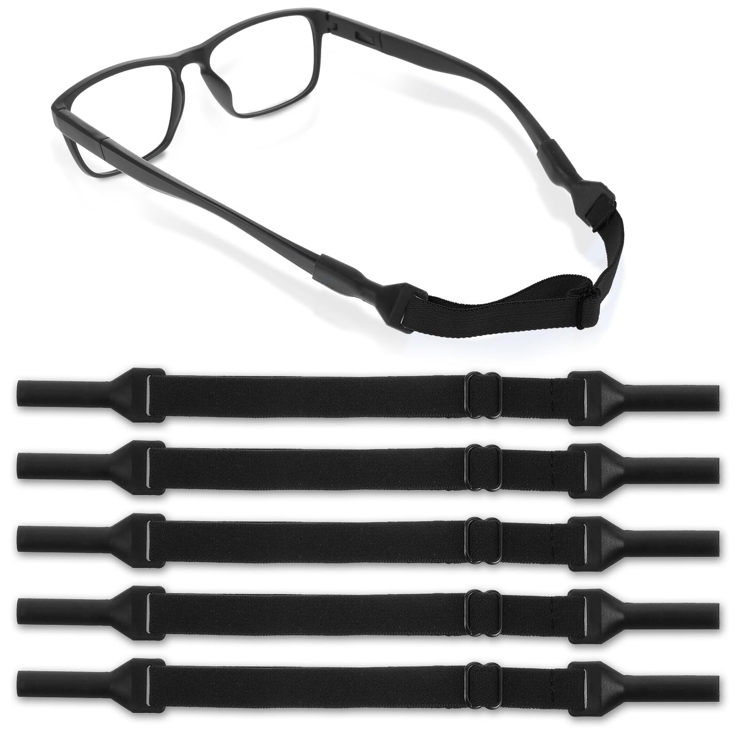 Yuanchu Adjustable Glasses Strap, Pack of 5 Non-Slip Glasses Bands Children Sports Elastic Sweat Absorption Glasses Straps for Small Head Circumference Women Men Reading Glasses Chain, black,