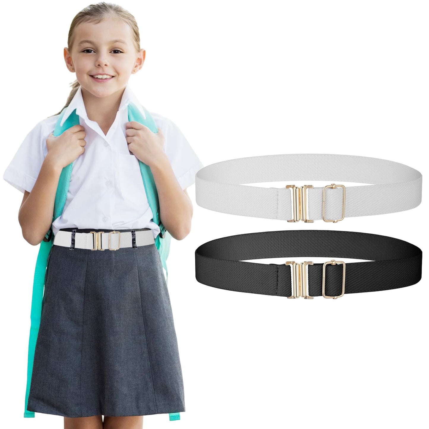 Amaxiu 2 Pcs Elastic Waist Belts for kids, Boys Girls Stretch Waistband Flat Buckle Adjustable Belt for Jeans Pants Skirts(Black+White)
