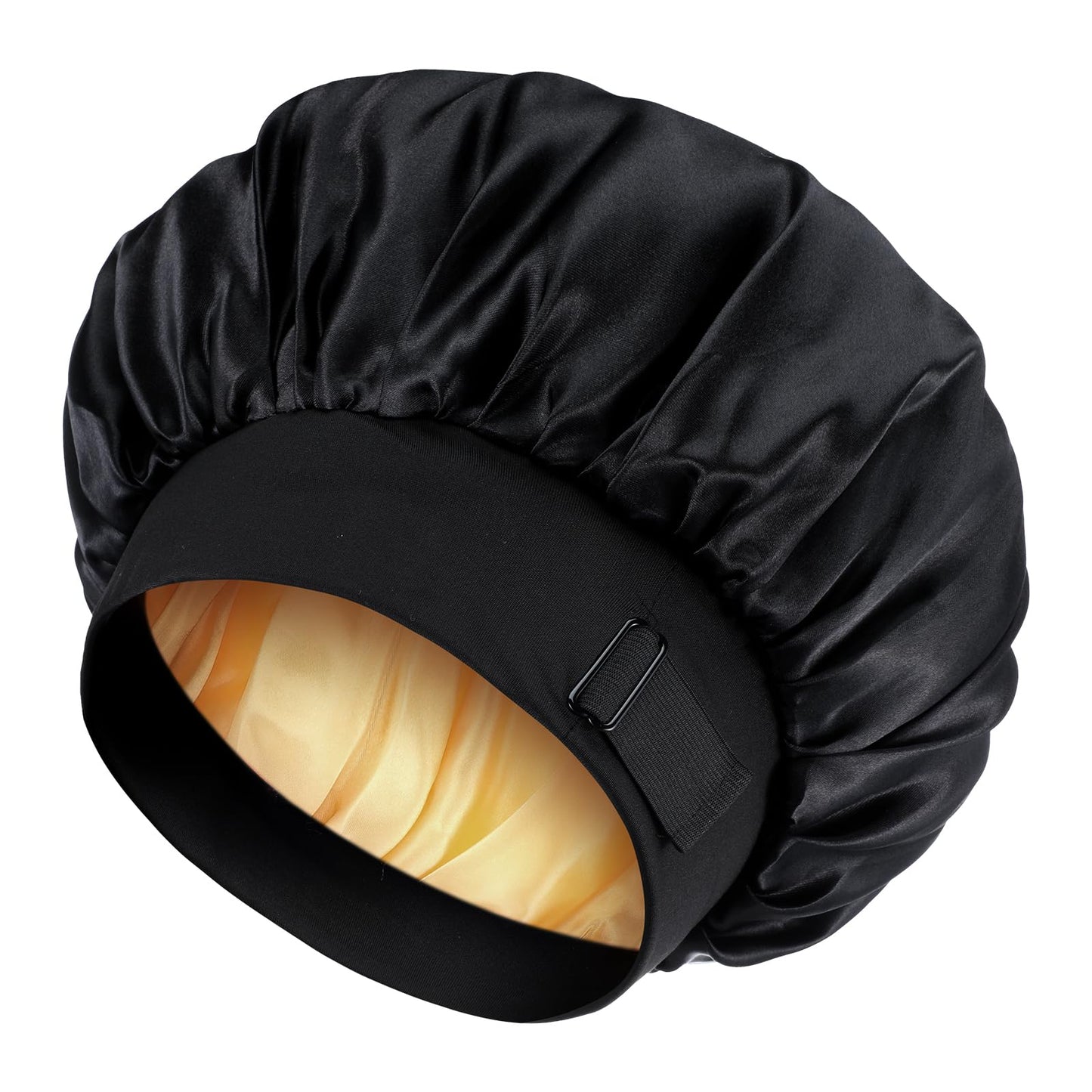 Yuanchu Satin Bonnet Adjustable Sleeping Cap, Night Hair Care Cover Hair Cap Women Men Hair Hood Sleep Silk Sleeping Cap Silk Hooded Curly Long Hair Smooth Breathable (Black + Gold)
