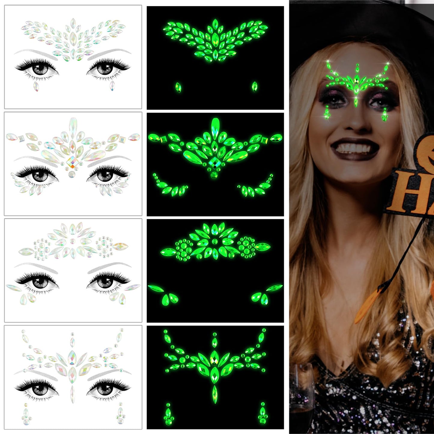 cobee Face Gems Stickers, 4 Pcs Halloween Luminous Rhinestone Glitter Face Temporary Tattoos Self-Adhesive Waterproof Halloween Makeup Gems Stick on Face, Forehead, Eyebrow, Cheek, Eyes, Nose