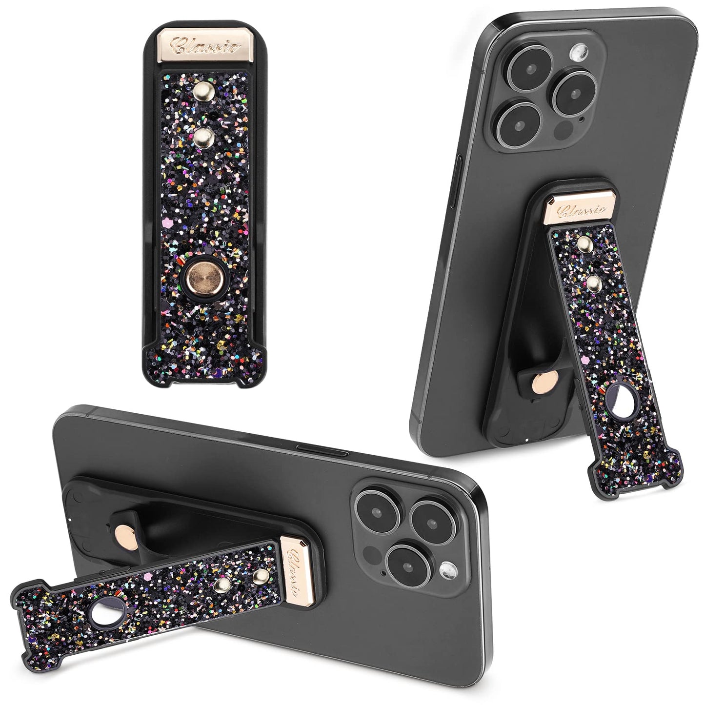 Bewudy Phone Finger Strap Grip, 2 Pcs Silicone Cell Phone Finger Strap Stand, Folding Back of Phone Grip with Stand, Compatible with Most of Phones Tablet and Case (Black)