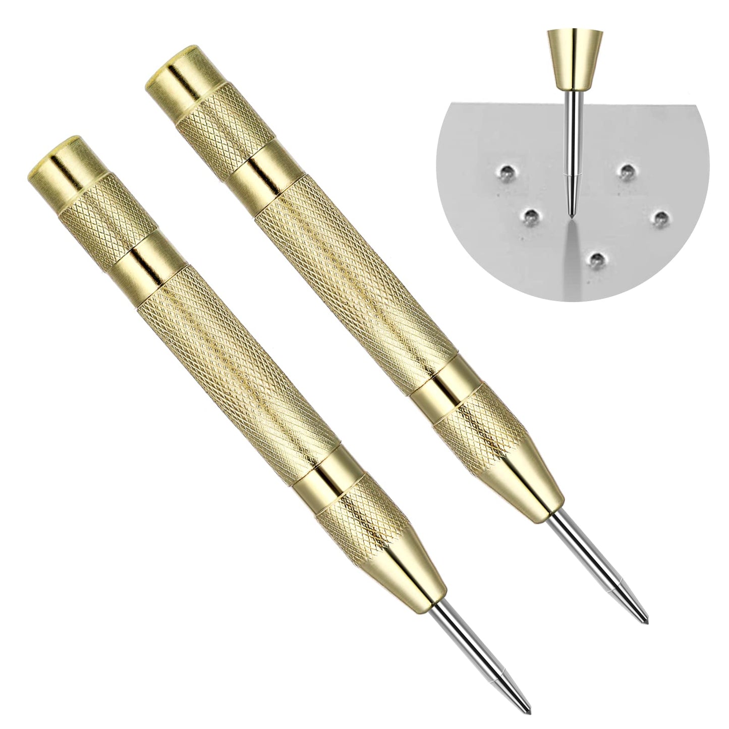 Molain Automatic Center Punch, 2 Pack 5 in Spring Loaded Tension Center Punch Automatic Center Hole Punch with Adjustable One-Handed Spring Impact Premium Steel Tip Machinist Carpenters Tools, Gold