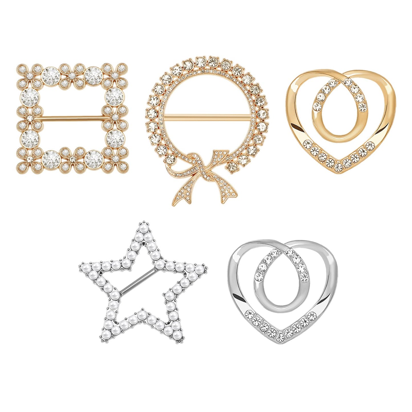 Giantree 5pcs Scarf Ring Clips, T-shirt Tie Clips for Women Silk Scarf Ring Clip Fashion Metal Ring Scarves Clasp Waist Buckles Rhinestone Pearl Tshirt Clips for Shirts Clothing Scarf Ring Wrap Holder
