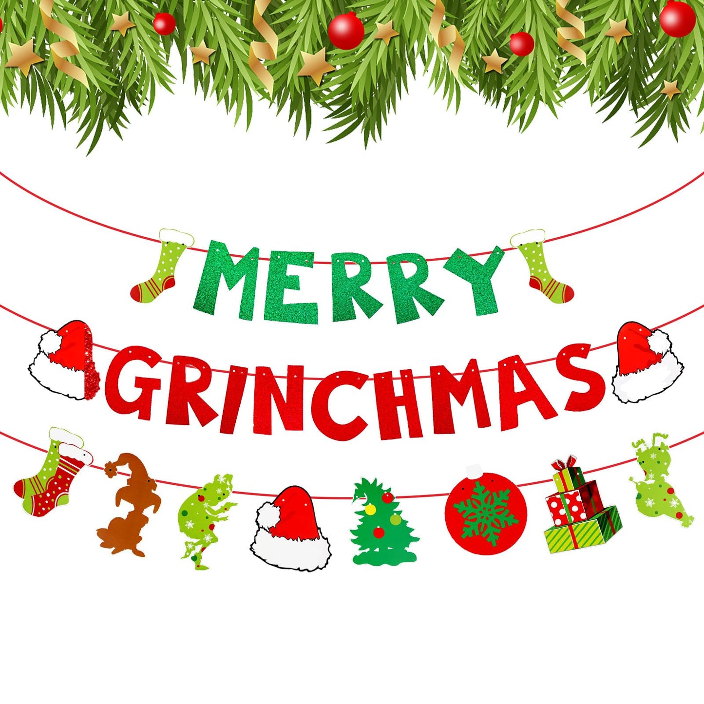 cobee Merry Grinchmas Banner, Red Green Xmas Grinchmas Banner Glitter Christmas Party Decorations Banner Christmas Socks Snowflakes Xmas Tree Hat Hanging Ornaments Banner for Indoor Fireplace Mantel