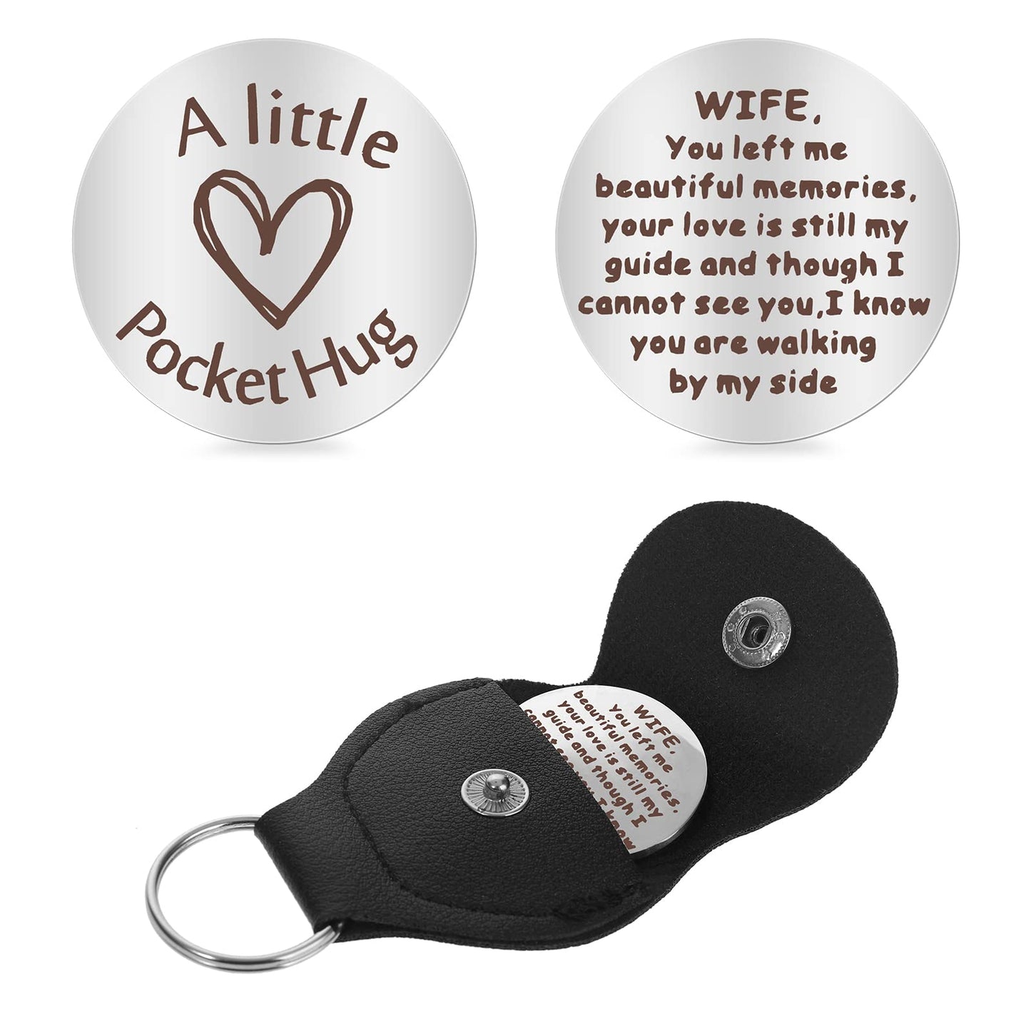 cobee Pocket Hug Tokens, Double-Side Flip Inspirational Coin with Leather Keychain Long Distance Family Relationship Keepsake Thinking of You Gifts Isolation Gifts for Family(For Wife)