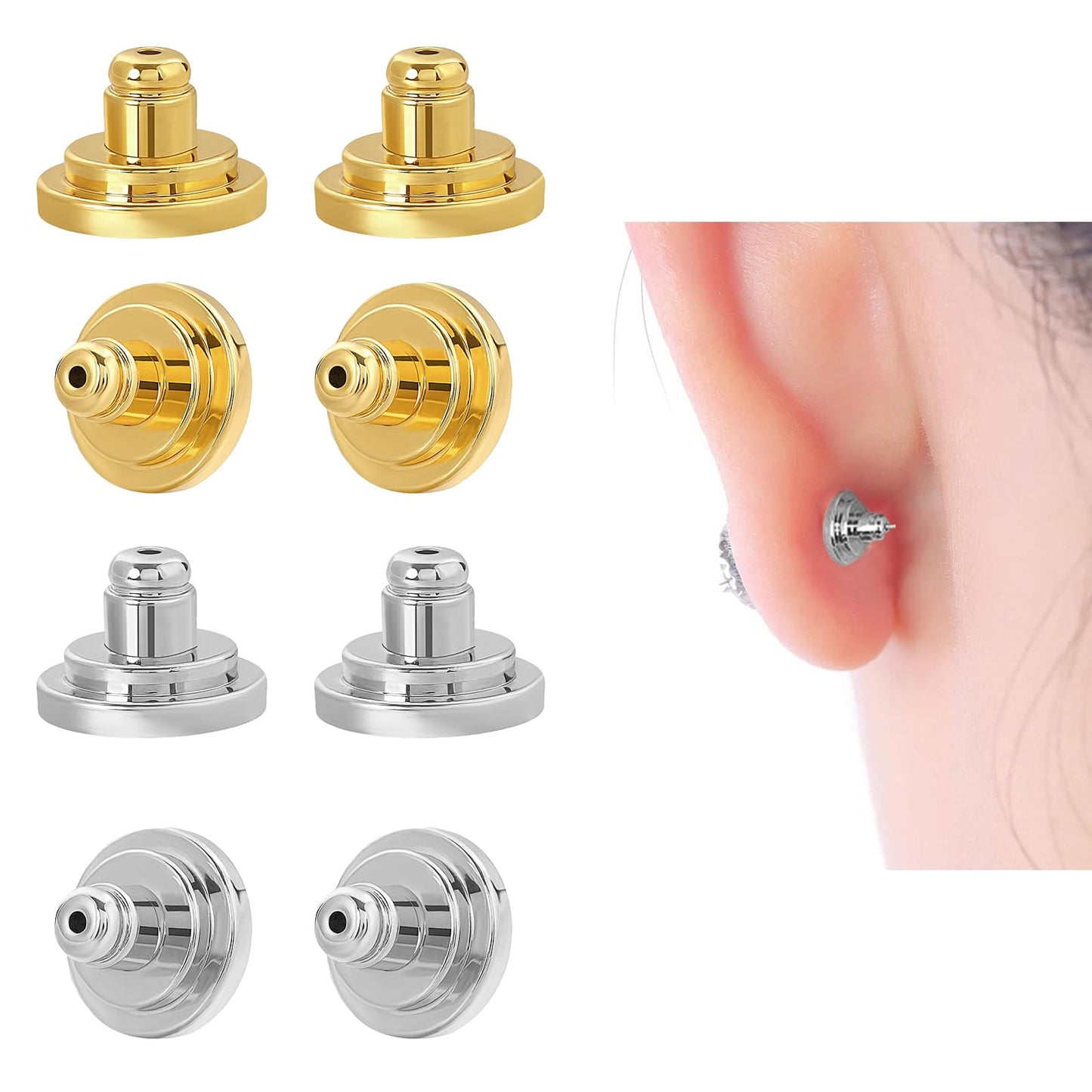 Giantree 4 Pairs Earring Backs Replacement for Droopy Ears, Large Earring Backings Flat Locking Pierced Support Backing Backstop Secure Comfortble Stopper for Heavy Earring(Gold+Platinum)