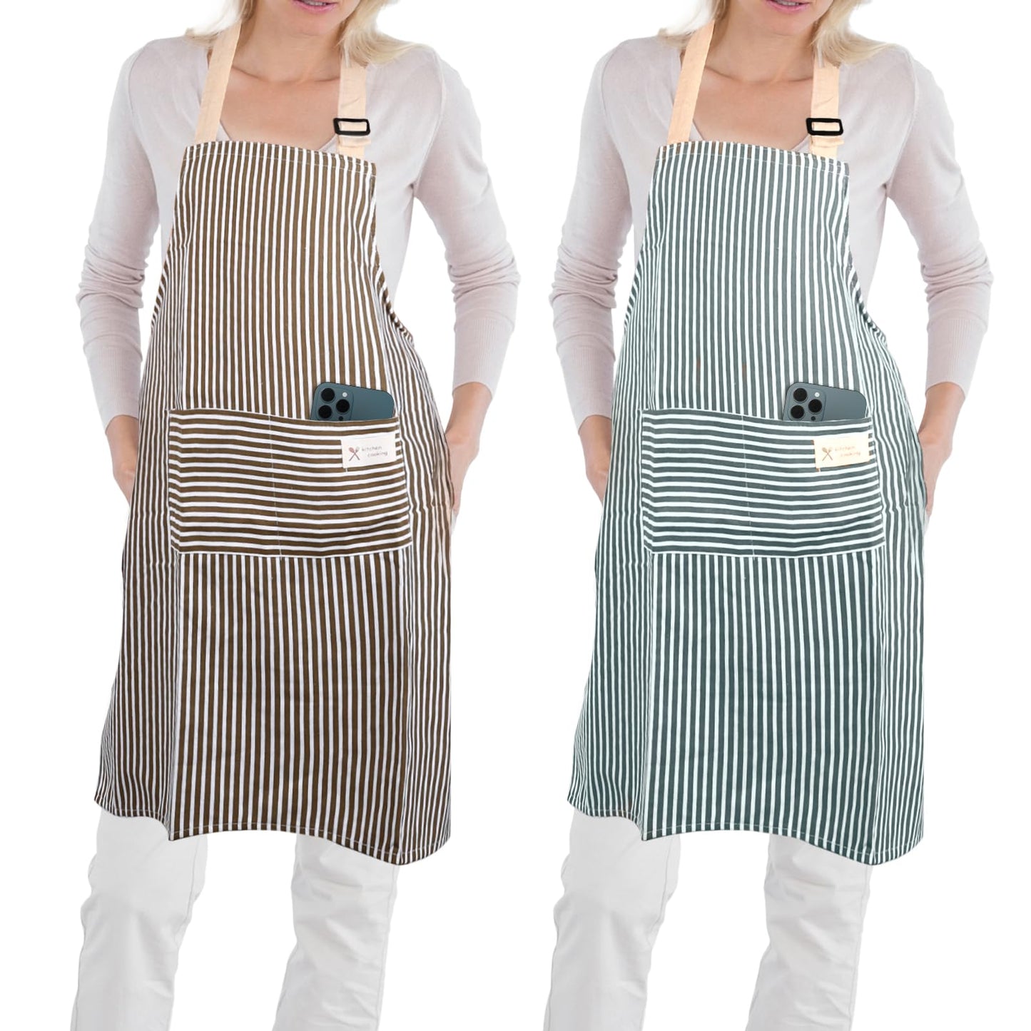 simarro 2 Pack Kitchen Cooking Aprons, Kitchen Aprons for Women with Pockets, Cotton Linen Adjustable Bib Aprons for Women Men Chef Cooking Painting Crafting(Blue and Brown)