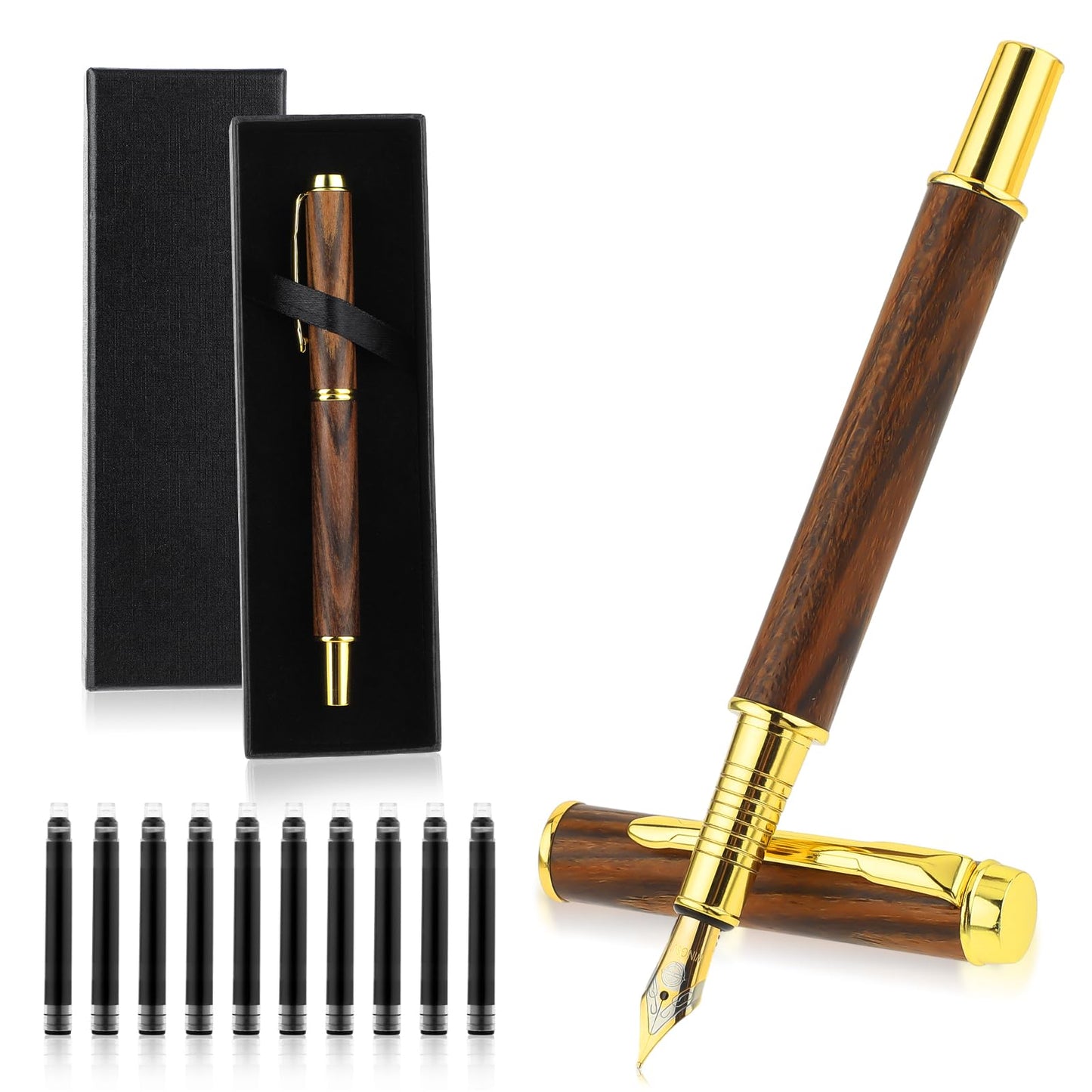 GEEHUA Wooden Fountain Pen Set, 0.5mm Fine Nib with Gift Box and 10Pcs 2.6mm Ink Cartridges Business Retro Wood Fountain Pen Smooth Writing Calligraphy Pen for Signature Journal Office(Brown)