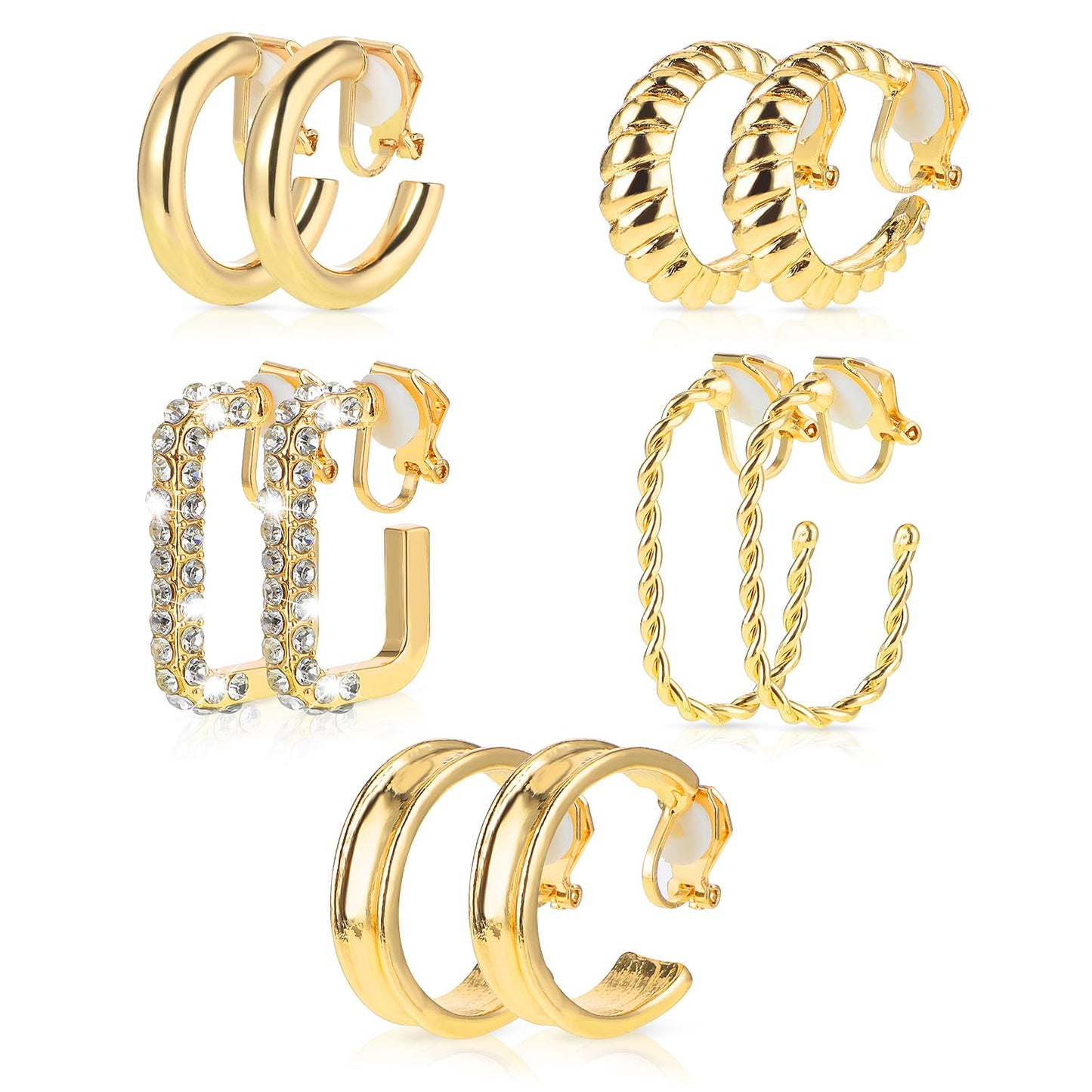 TIESOME 5 Pairs Gold Clip On Hoop Earrings for Women, Trendy Chunky Gold Hoops Earrings Set classical geometry Earrings Lightweight Earrings Adjustable Fake Clip On Earrings for Girls Women Gift