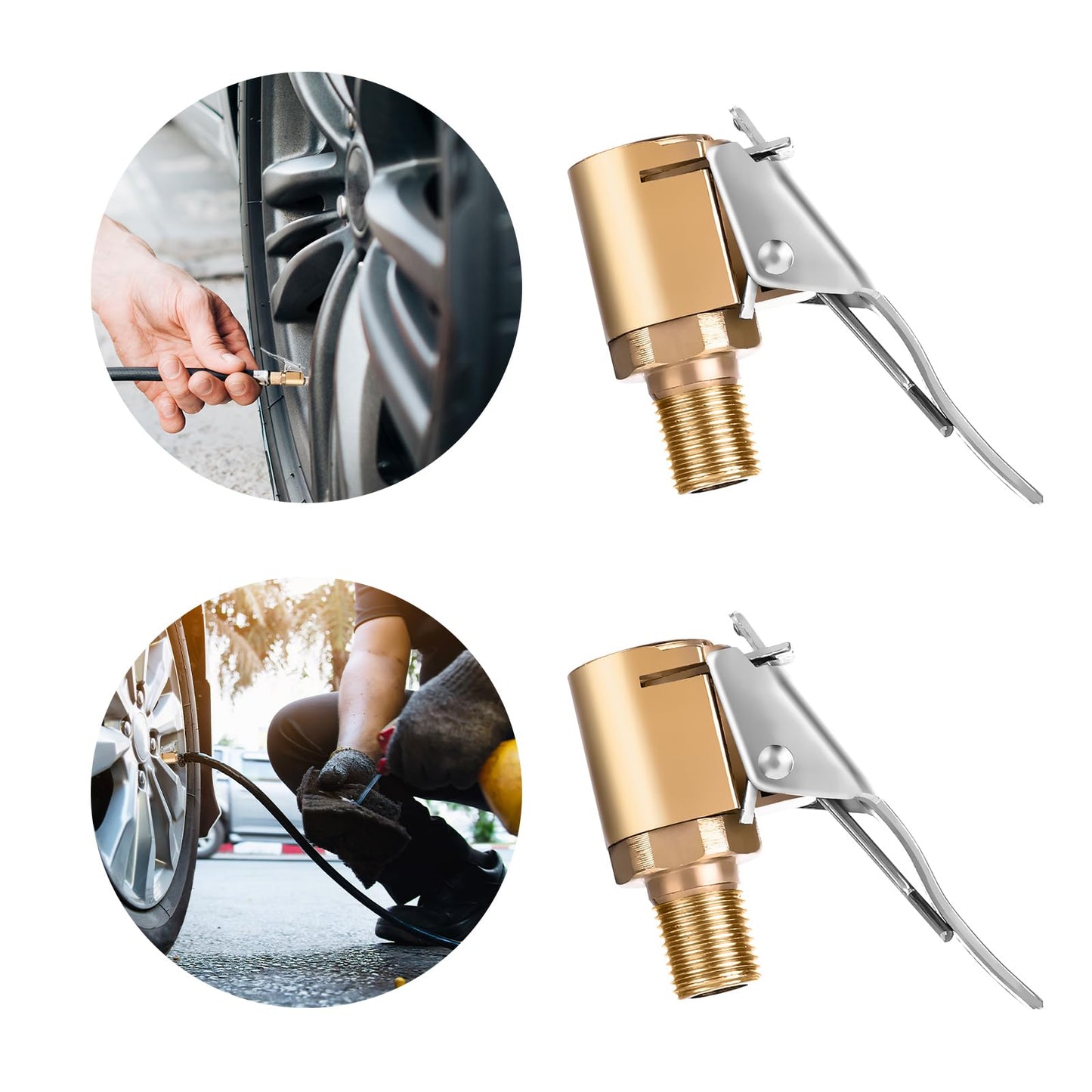 Amabro 2PCS Tire Inflator, Brass Locking Tire Air Chuck with Clip Adapter Heavy Duty Air Chuck Quick Connect Inflator Compressor No Leakage Tire Chucks for Vehicle Wheel(Style-A)