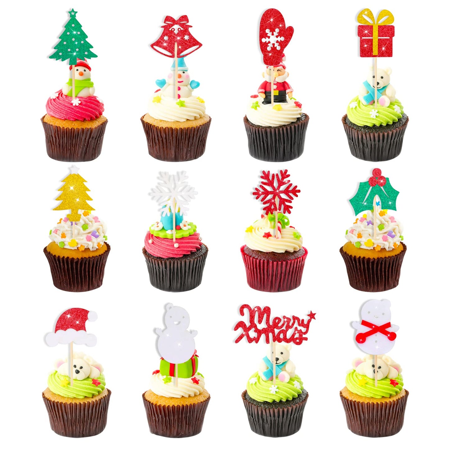 Cobee Glitter Christmas Cupcake Toppers, 24 Pieces Xmas Cupcake Decorations Food Fruit Picks Merry Christmas Holiday Cake Picks Christmas Party Favors Supplies(A)