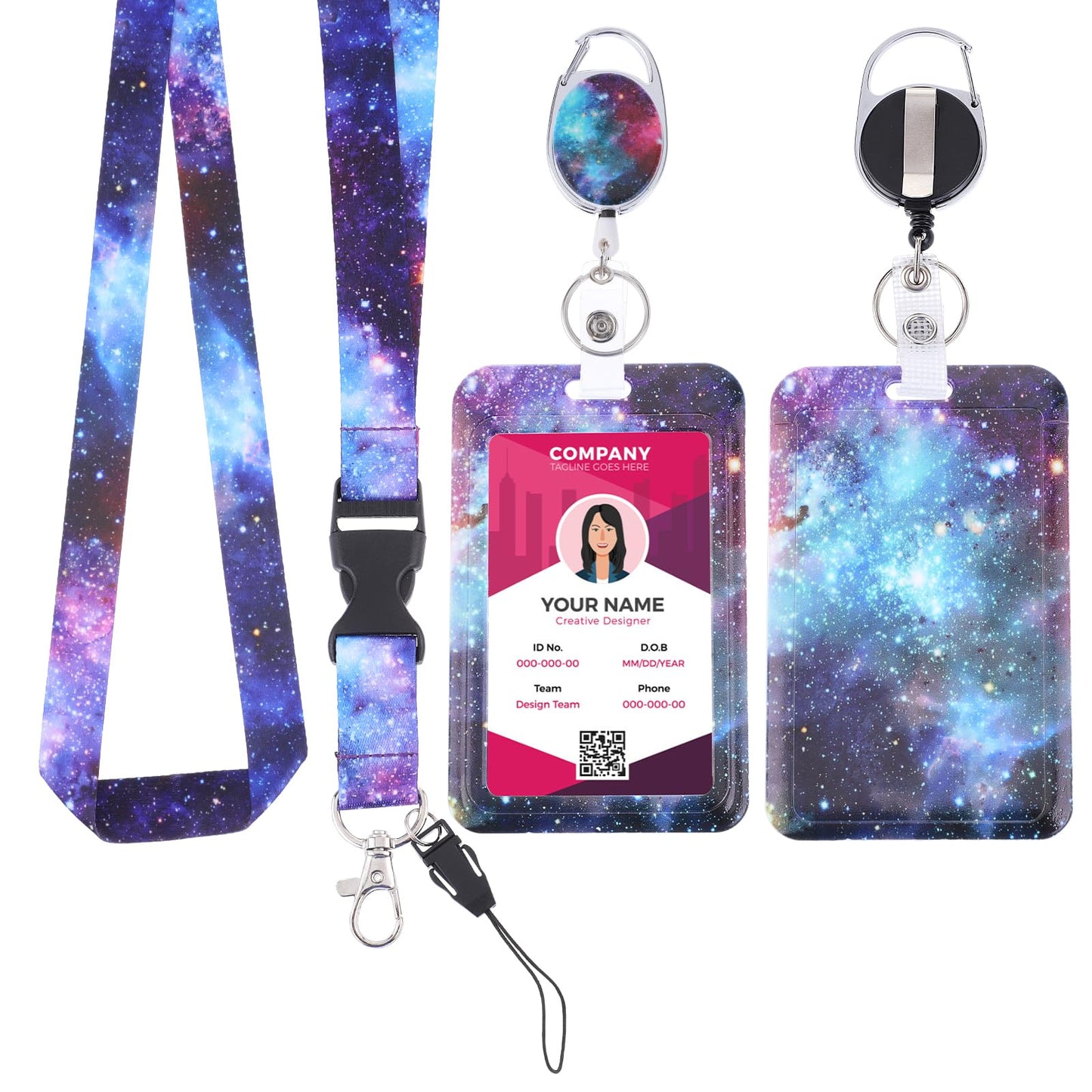 Amabro ID Badge Holder with Lanyard, Retractable Badge Reel Clip with Adjustable Lanyards Durable Neck Lanyard for Offices Staff Students Employees Teacher (Starry Sky-2)