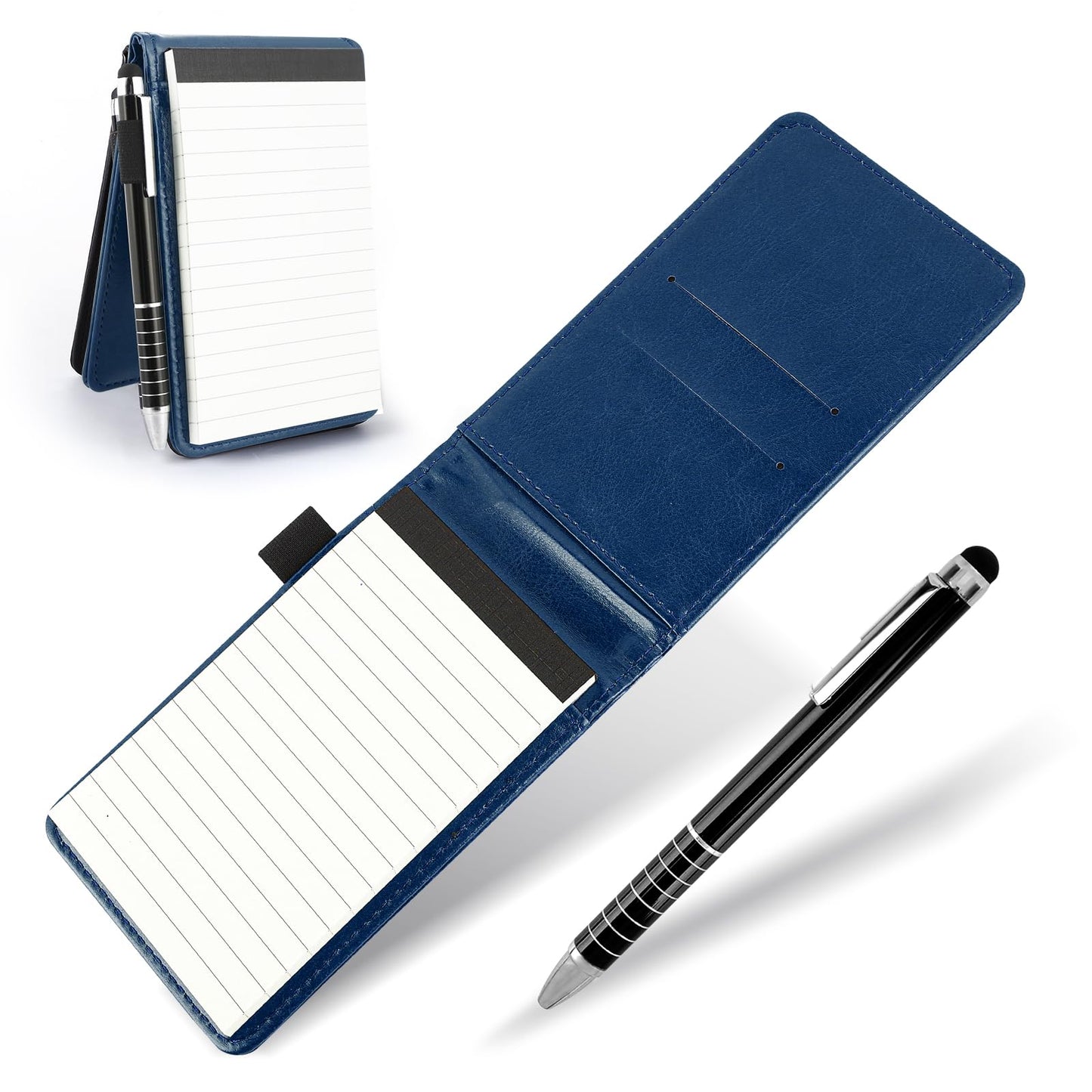 TIESOME Small Leather Notepad Holder with Pen, Pocket Notebook Holder Mini Notepad Memo Book Multifunctional Portable Replacement Notebook with Metal Pen for Offices Schools Restaurants(Blue)