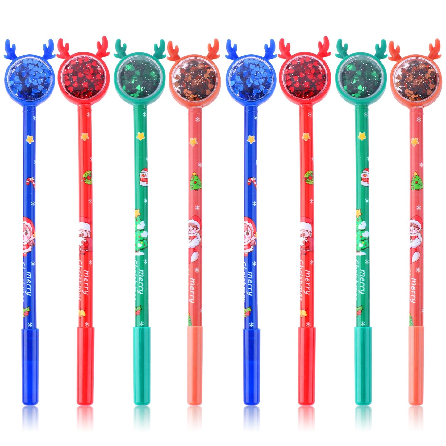 Amaxiu 8pcs Christmas Gel Ink Pens, Cute Cartoon Santa Ballpoint Pen Elk Sequin Xmas Theme Rollerball Pen Novelty Funny 0.5mm Black Ink Fine Point Pen for School Party Gift Supplies