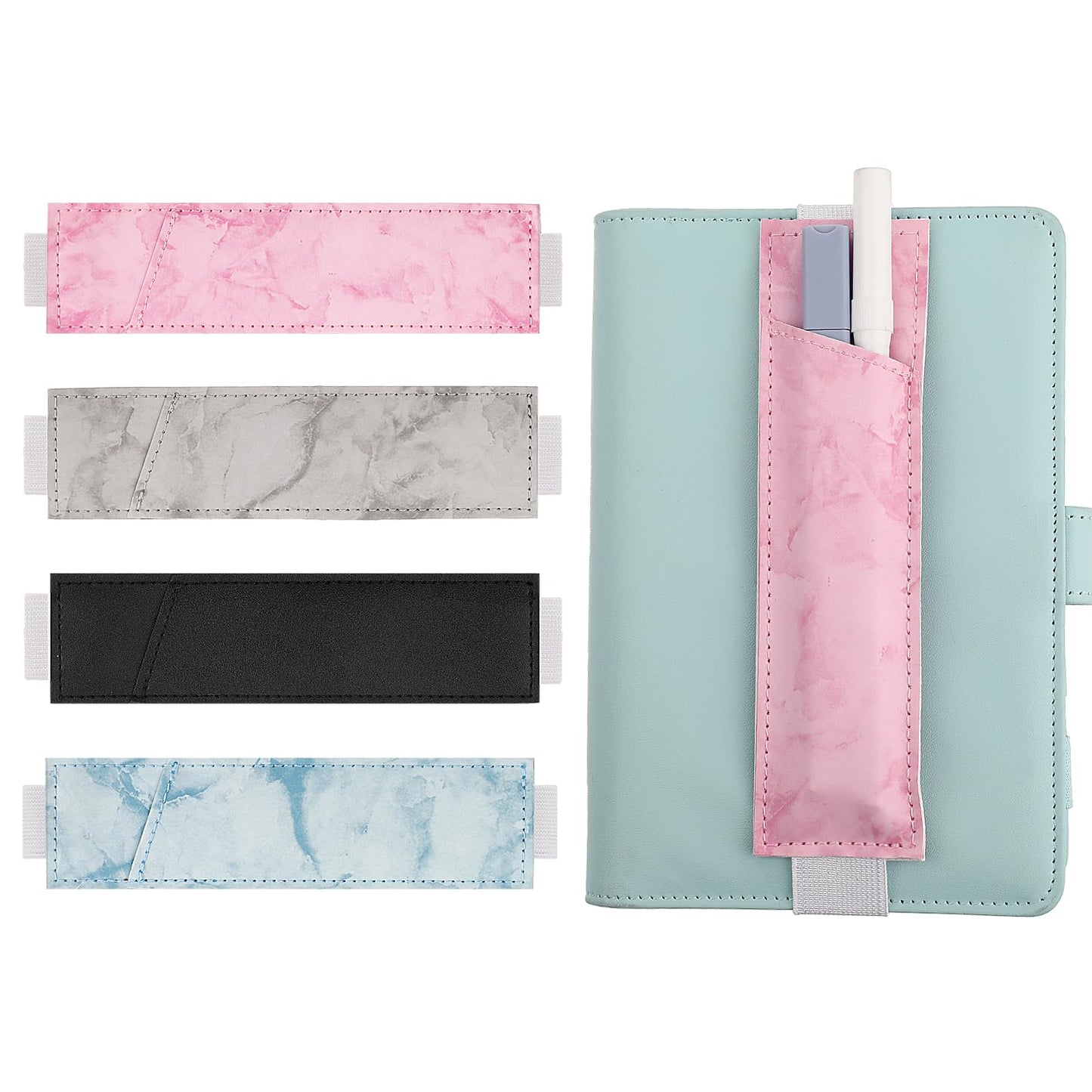 Molain Adjustable Pen Holder, 4pcs Elastic Band Pencil Pouch PU Leather Pencil Holder Pen Case Reusable Pen Holder Pencil Case for Planners Notebook Binders and Books (Color 1)
