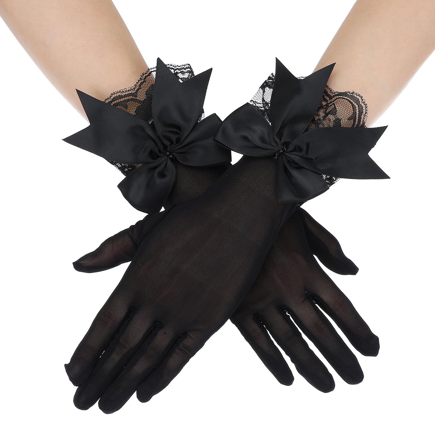 Yuanchu Women's Net Gloves with Bow, Cropped Lace Gloves, Black Gloves, Elegant Bridal Gloves, Label Hand Accessories for Christmas, Wedding, Party, Tea Party, Prom, d'Alene to, 30 x 9,5 cm/11,81 x