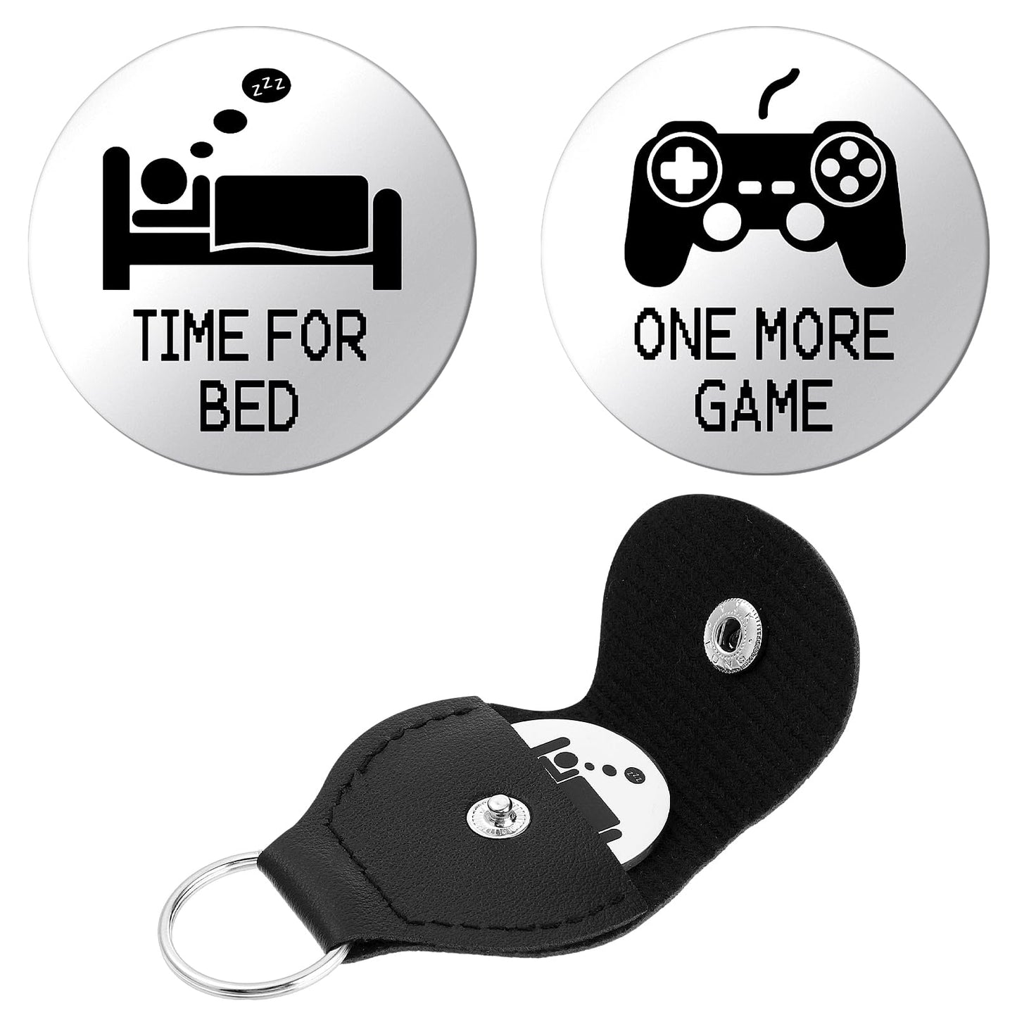 cobee Decision Makers Coin Gifts, Funny Destiny Flip Coins with Leather Keyring One More Game or Go to Bed Gamers Decision stainless Steel Coin for Gamers Boyfriend Teen Son Women Men(Silver)