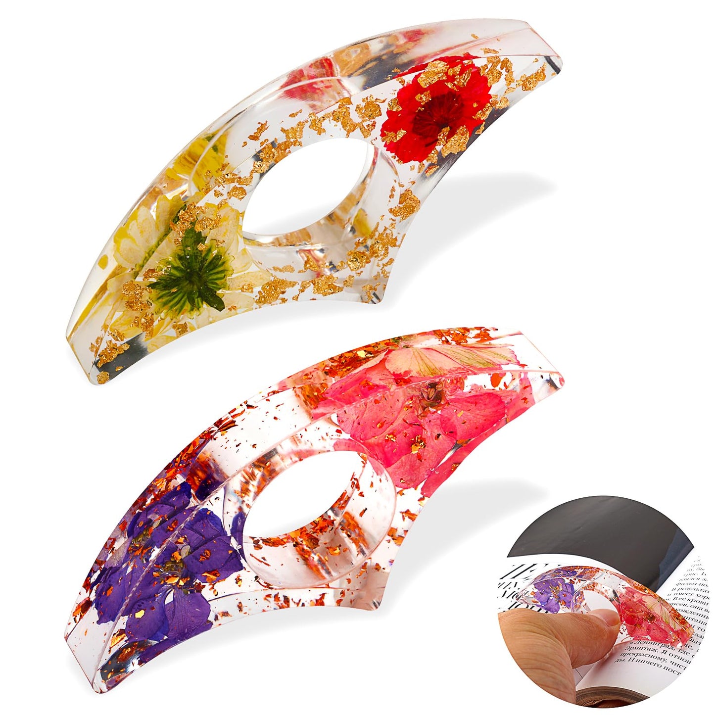 TIESOME Dried Flower Book Page Holder, 2 Pcs Resin Clear Floral Book Holder Thumb Reading Ring Book Opener Reading Accessories for Readers Book Lovers Bookworm Bookmarks (Style-B)