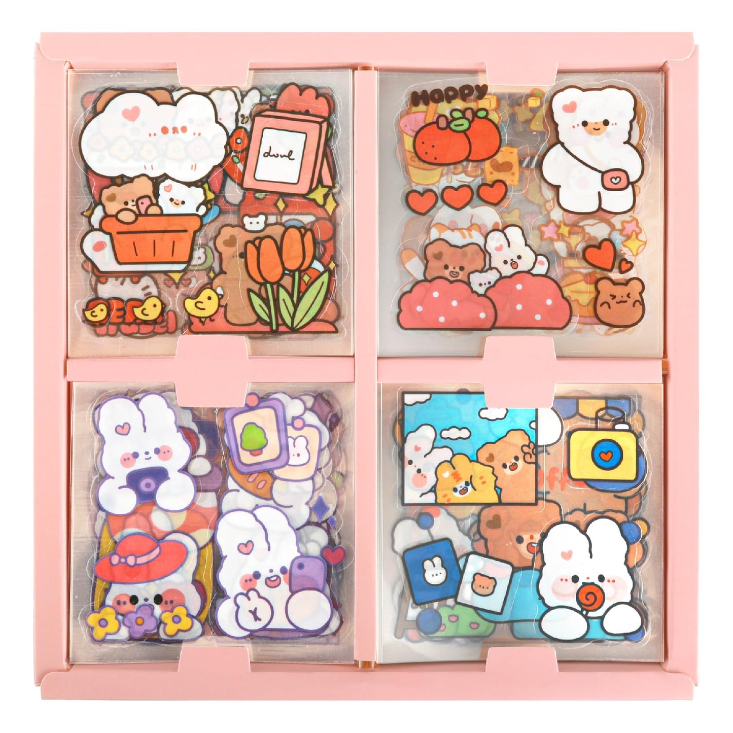 Amabro 100 Sheets Cute Cartoon Stickers, Kawaii Sticker Sets Funny Waterproof Animal Stickers Self-Adhesive Transparent Stickers for Bottle Laptop Luggage Scrapbook Journals DIY Rabbit Bear(Style A)
