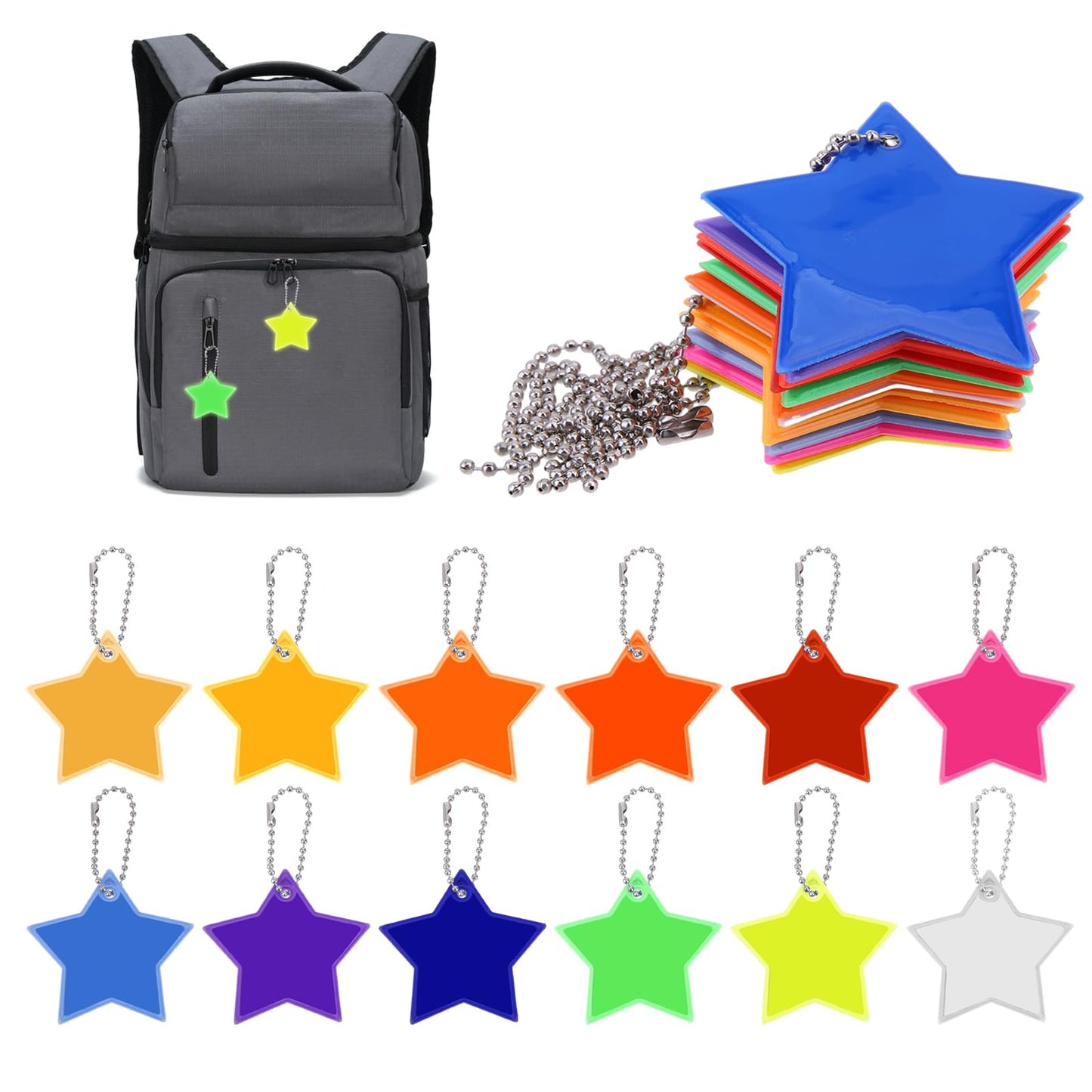 Molain Safety Reflector Pendants, 12Pcs Star Reflector Pendant with Chains Children's Waterproof Reflective Keychain for School Bag, Backpacks, Walking, Running, Cycling(Mixcolors)