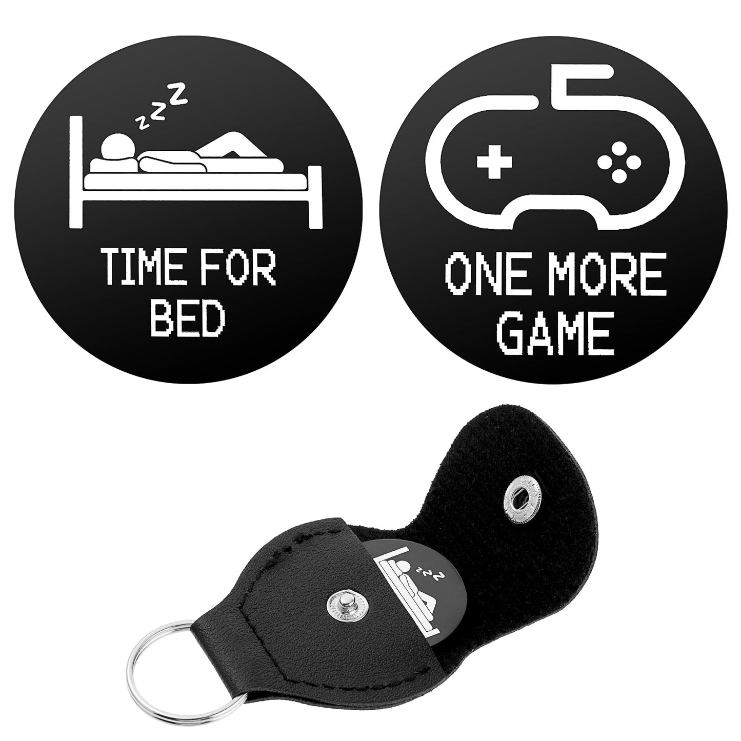 Amabro Funny Decision Coin, Double-Sided Decision Maker Destiny Flip Coins Gifts Token with Leather Keyring ONE MORE GAME TIME FOR BED for Games Lover Gamer Boys Girls Birthday Funny Gifts(Black)