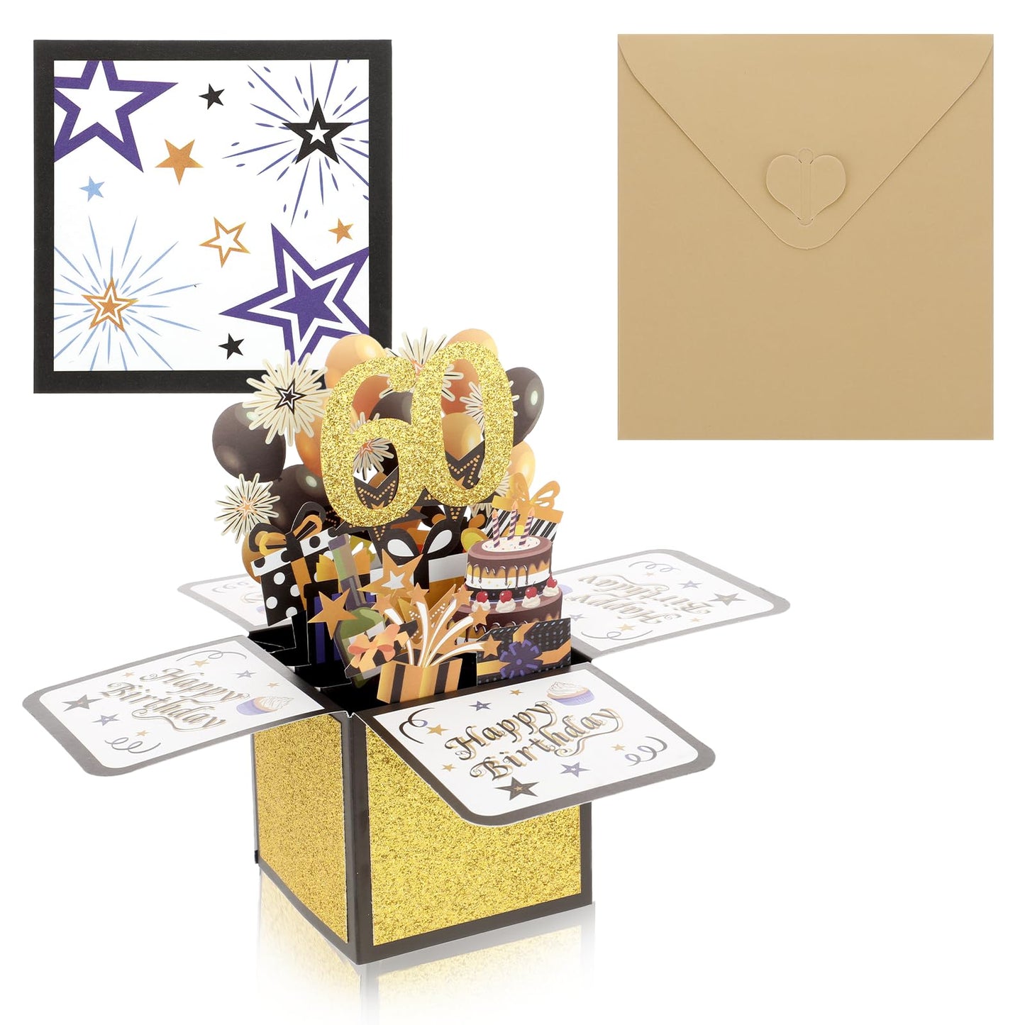 Molain 60th Birthday Card, Happy 60th Birthday Pop-Up Card for Women Men, 3D Greeting Card with Note and Envelope 60th Birthday Gifts for Mom Dad Wife Husband Women Men(Black Gold)